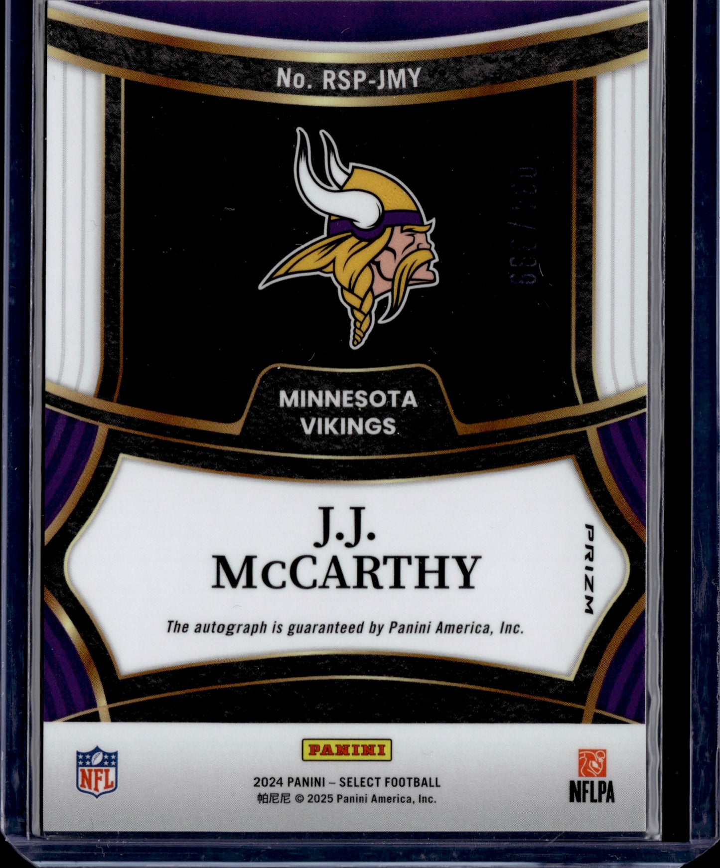 2025 Panini Select J.J. McCarthy #RSP-JMY Prizm Auto /399 RC