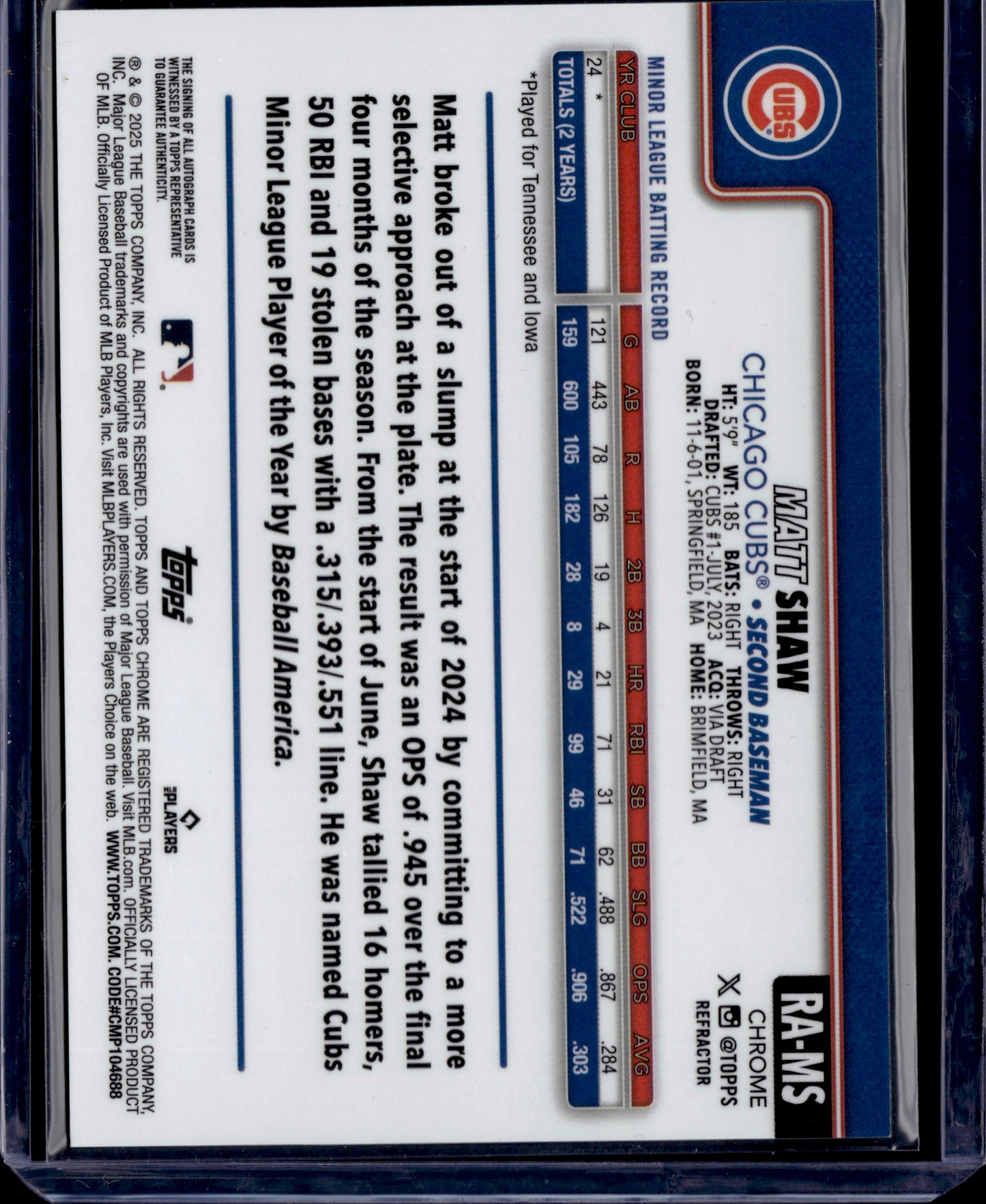 2024 Topps Chrome Matt Shaw #RA-MS Refractor Auto RC /499