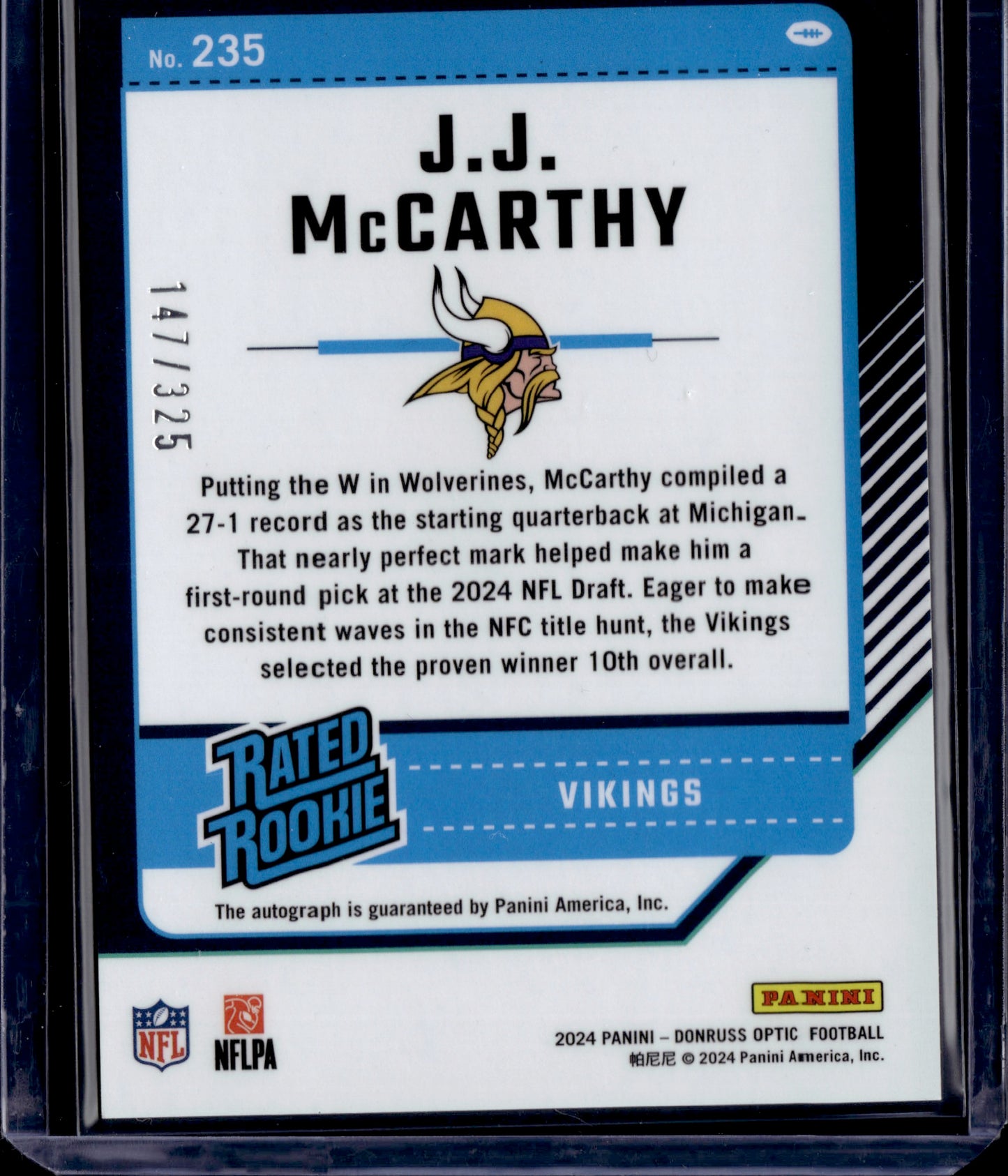 2024 Panini Donruss Optic J.J. McCarthy Rated Rookie Auto /325 #235