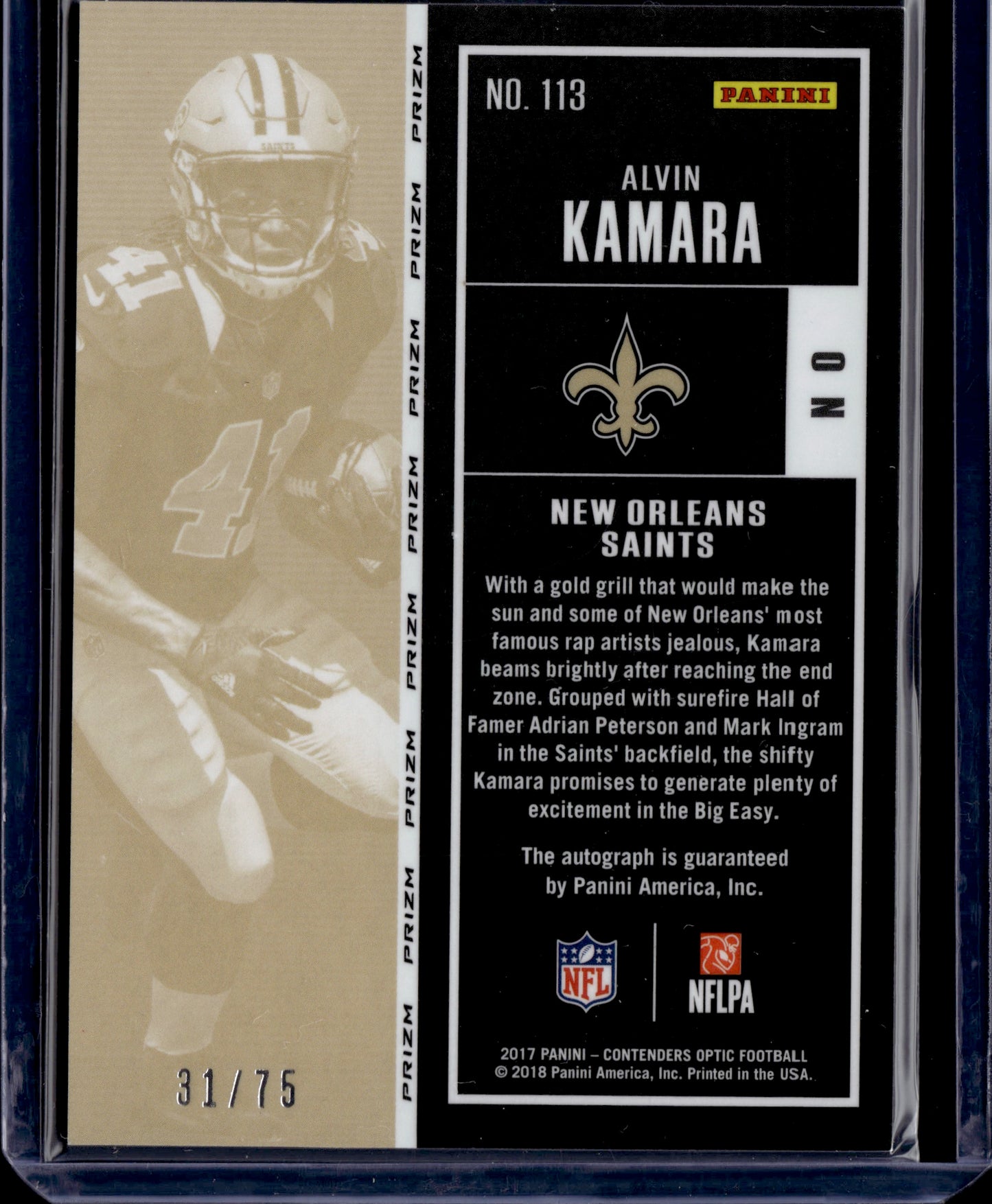 2018 Panini Contenders Optic Rookie Ticket Alvin Kamara #113 Auto /75 RC