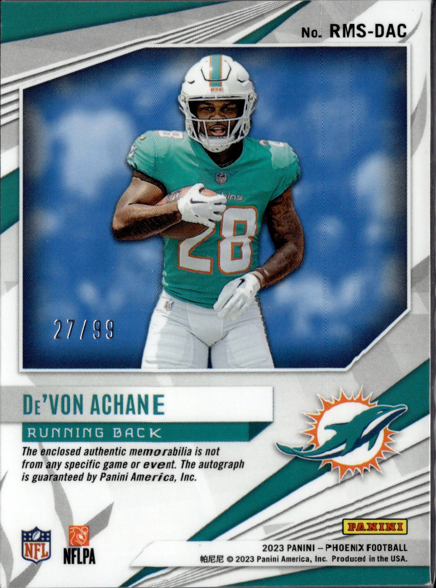 2023 Panini Phoenix Rising Rookie De'Von Achane Patch Auto 27/99 RC