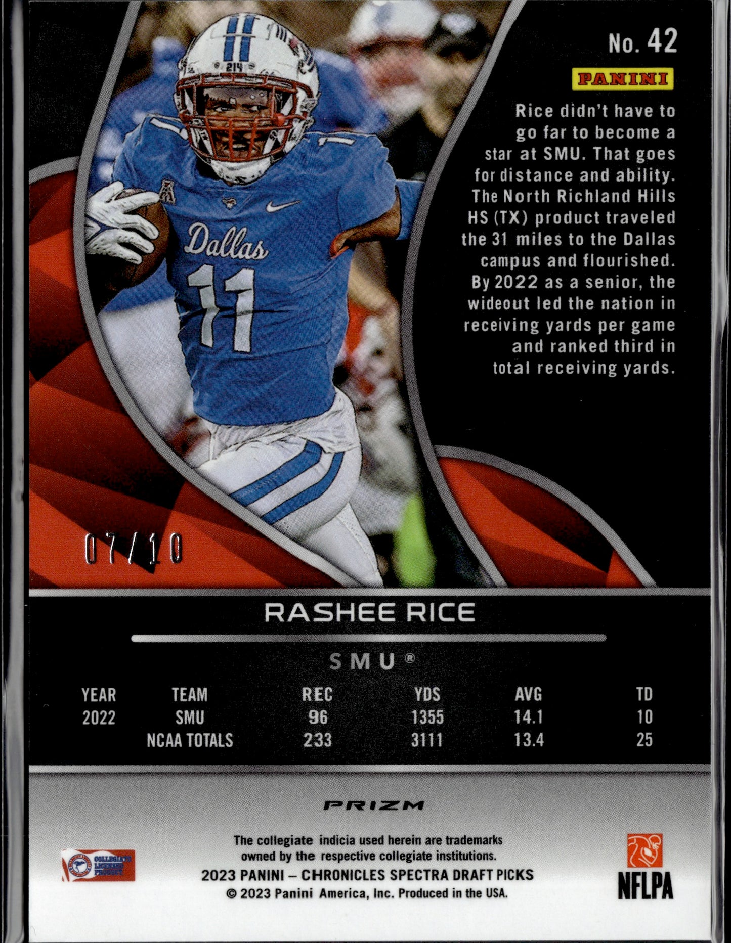 2023 Panini Chronicles Spectra Draft Picks Rashee Rice #42 Prizm /10 RC