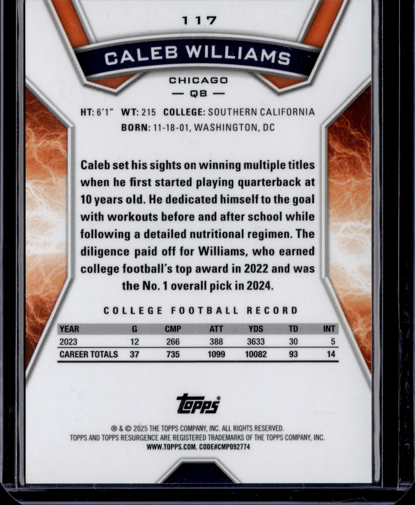 2025 Topps Resurgence Caleb Williams #117 Orange RC /25