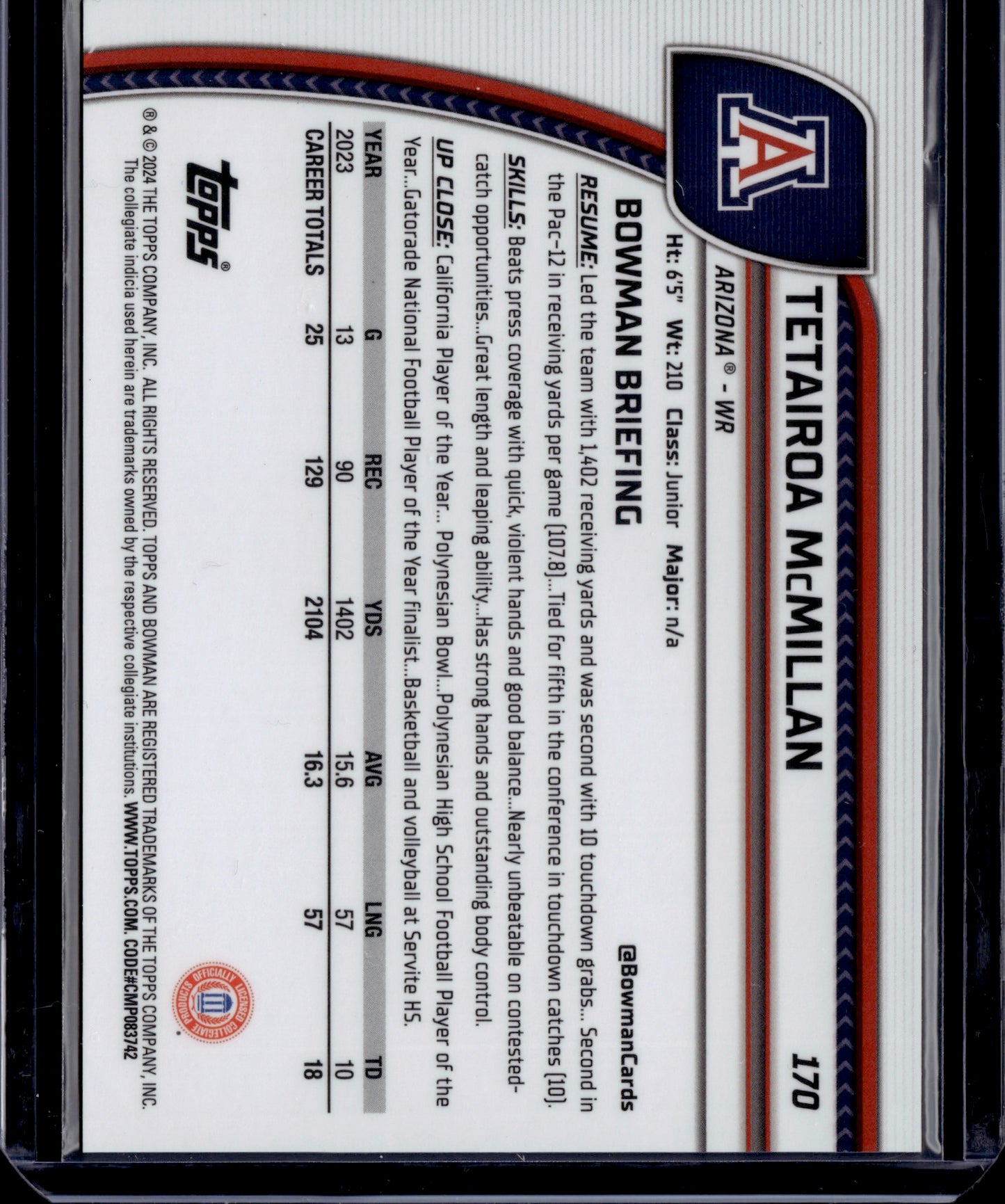 2023 Topps Bowman Chrome University Tetairoa McMillan #170 Red /5