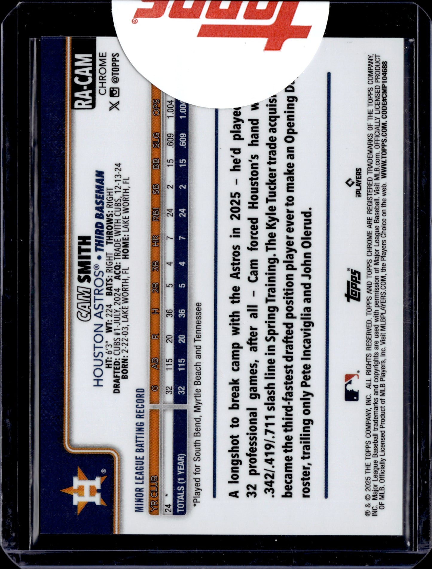 2025 Topps Chrome Rookie Autographs Cam Smith #RA-CAM RC