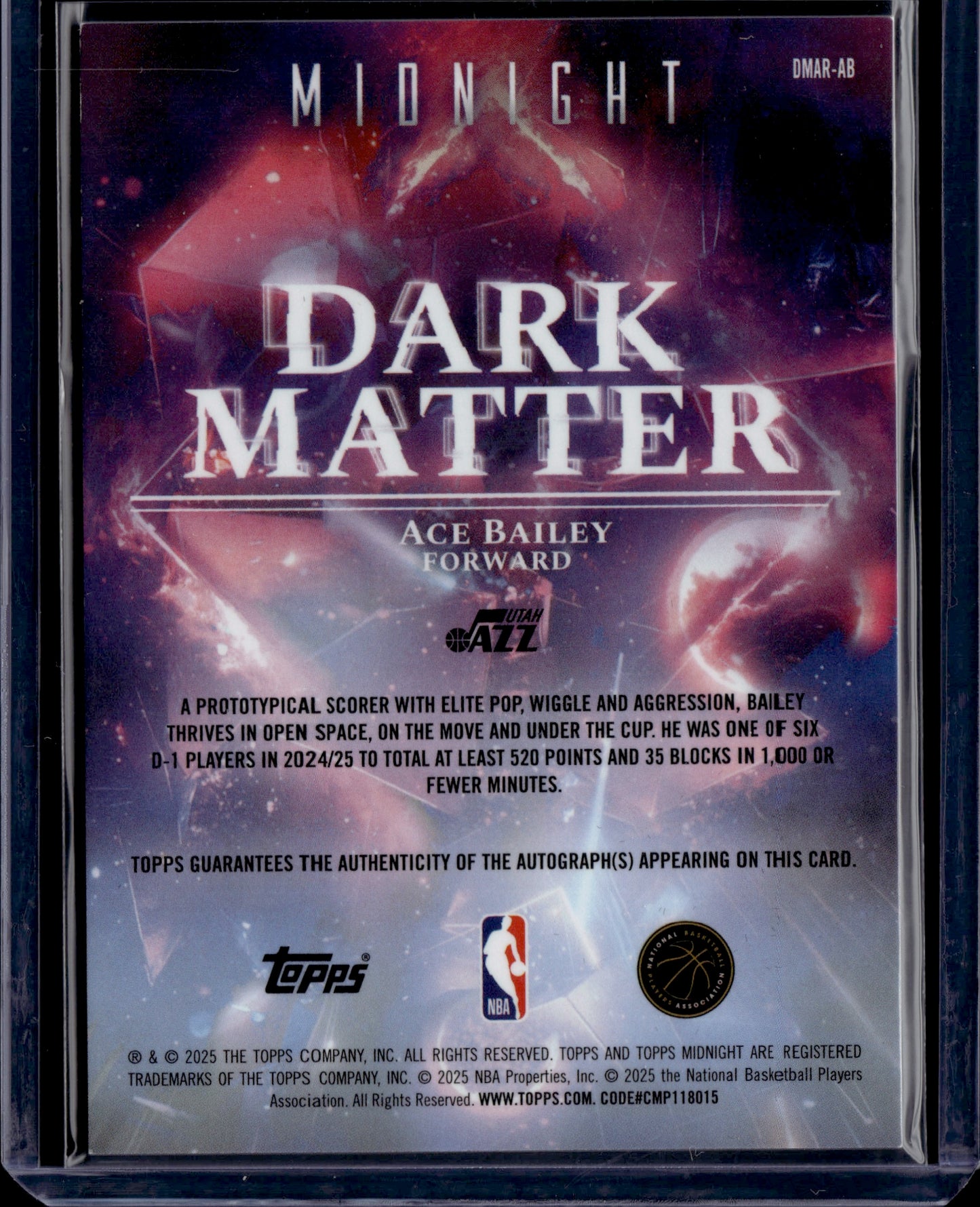 2025 Topps Midnight Dark Matter Ace Bailey Parallel Variety Rookie RC /35