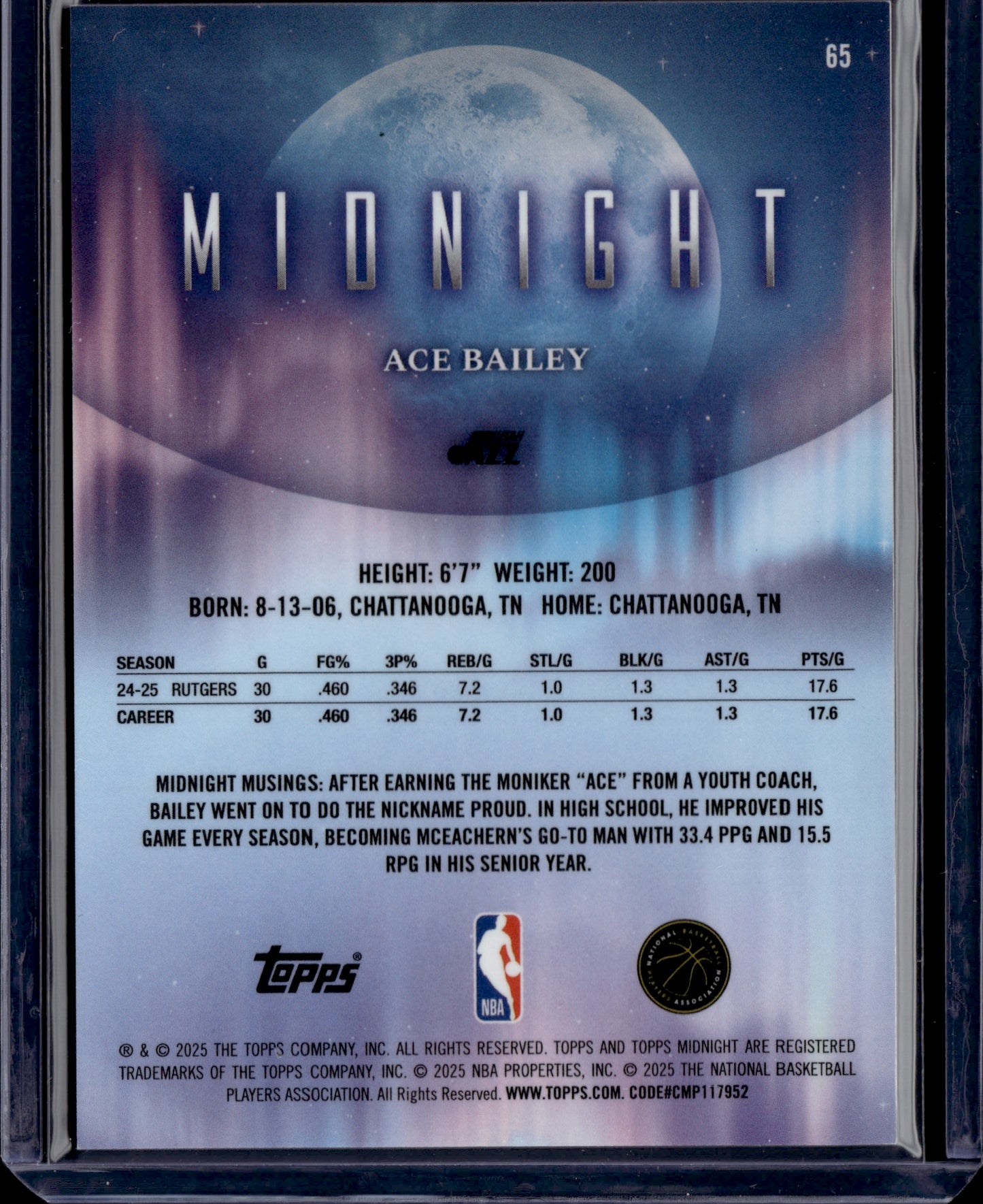 2025 Topps Midnight Ace Bailey #65 Parallel/Variety Rookie 069/149 RC