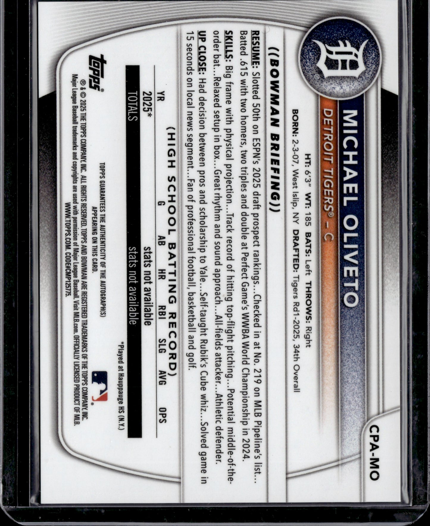 2025 Topps Bowman Chrome Michael Oliveto #CPA-MO Aqua Refractor 1st Bowman /199