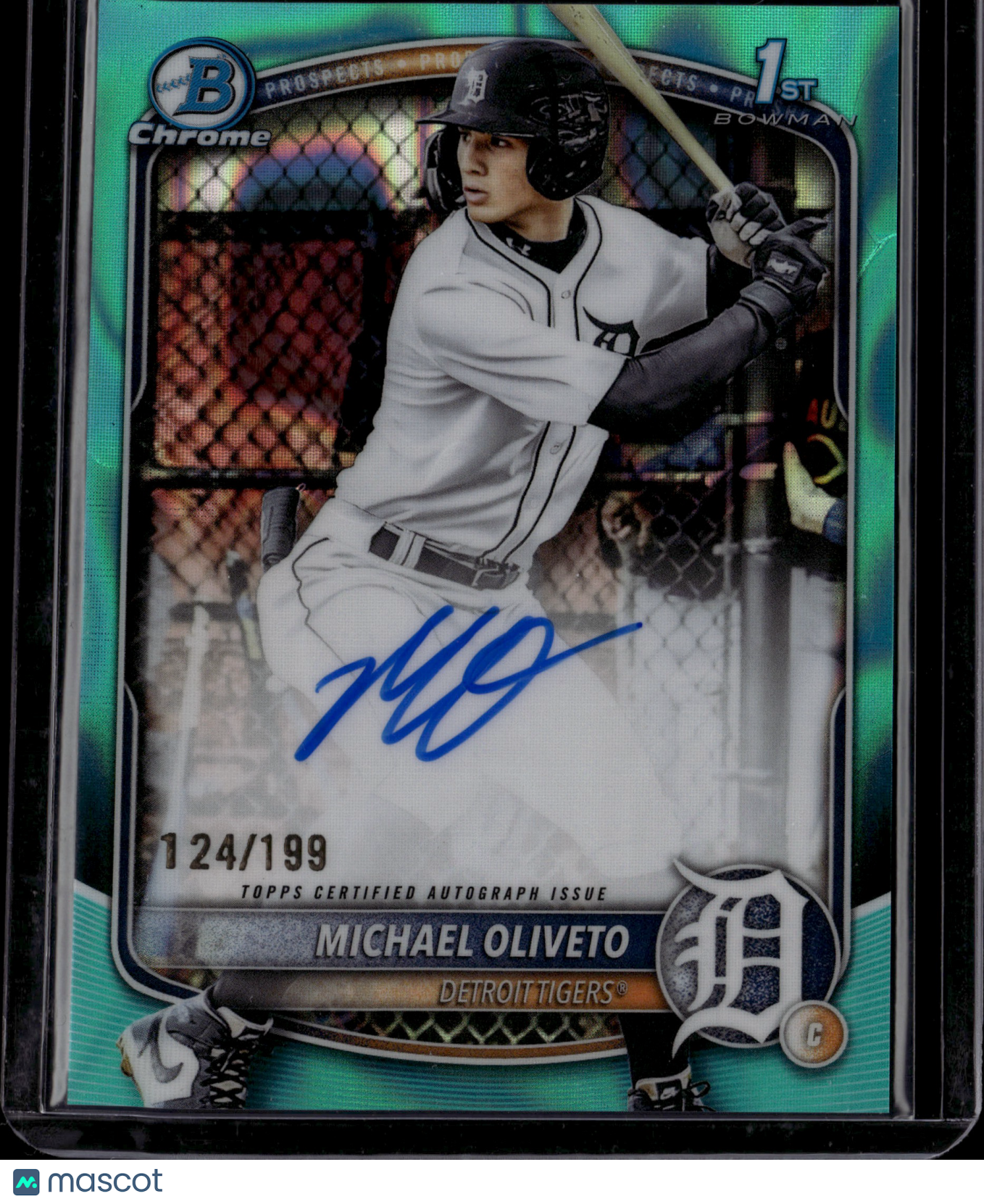 2025 Topps Bowman Chrome Michael Oliveto #CPA-MO Aqua Refractor 1st Bowman /199