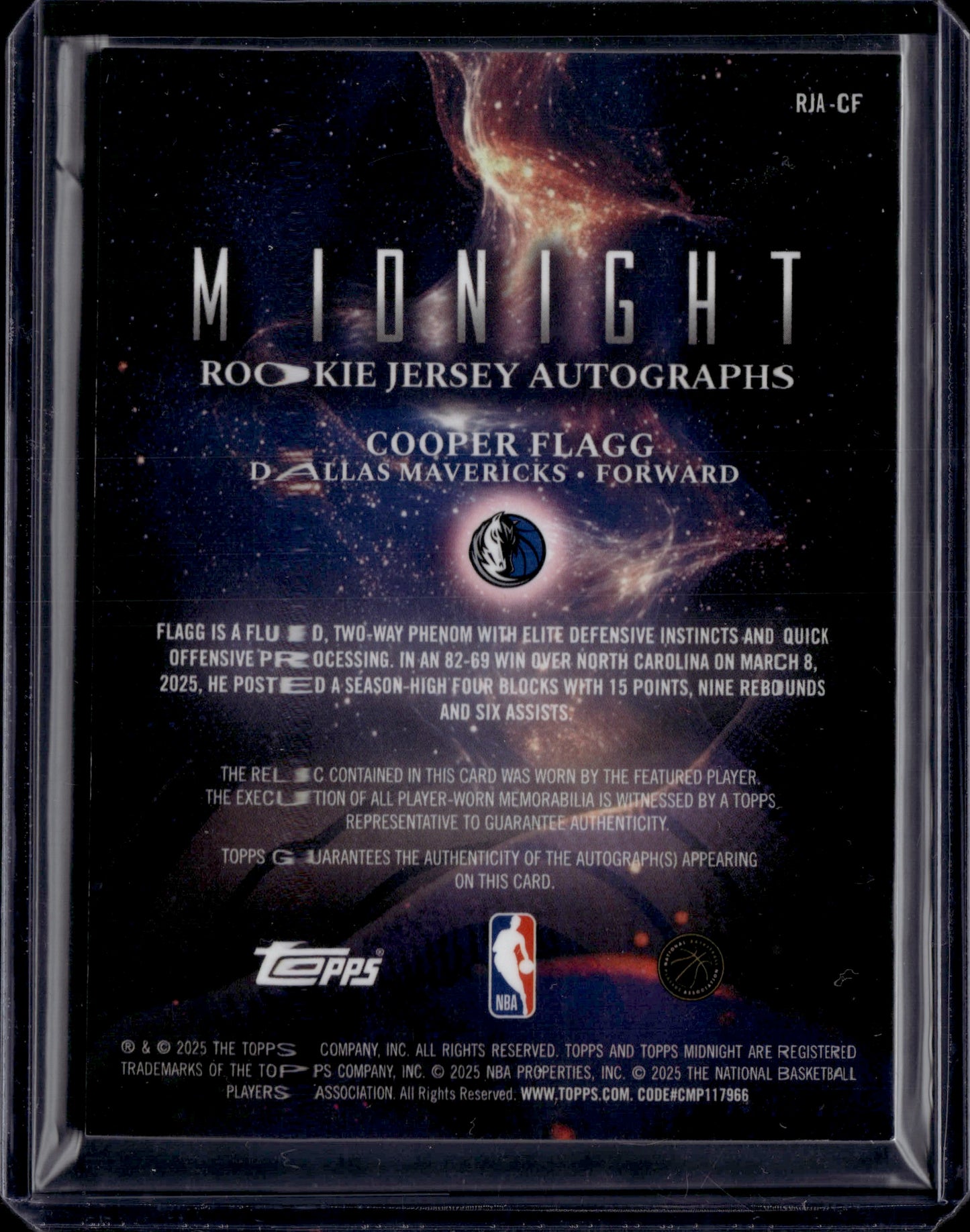 2025 Topps Midnight Cooper Flagg #RJA-CF Rookie Jersey Autograph /75 RC