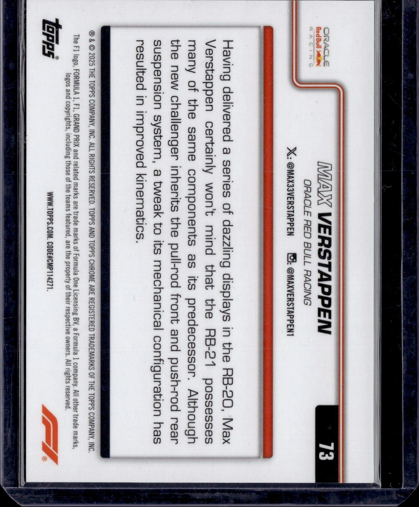 2025 Topps Chrome F1 Max Verstappen #73 Orange Wave Refractor /25