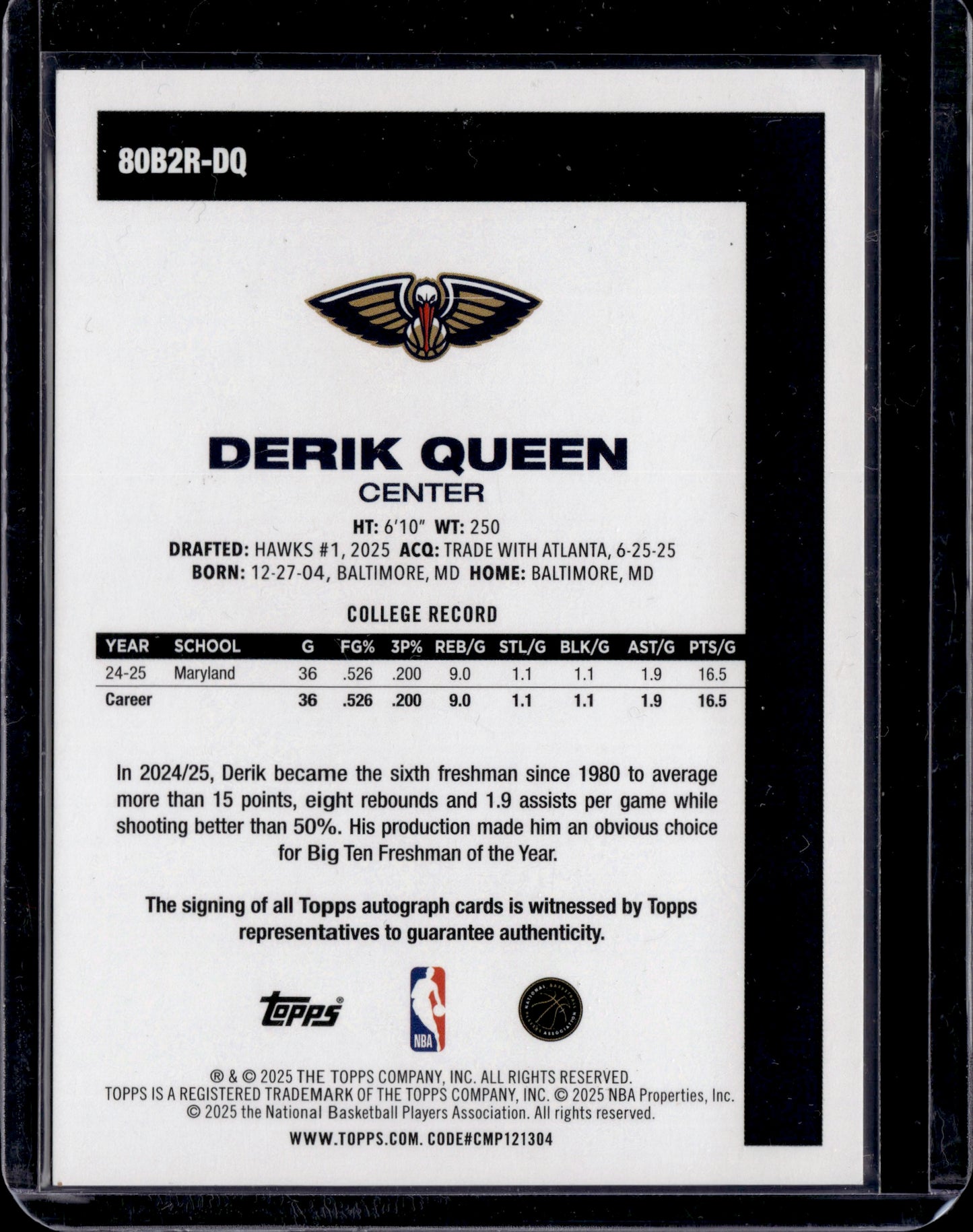 2025 Topps Basketball Derik Queen #80B2R-DQ Orange Auto /25 RC