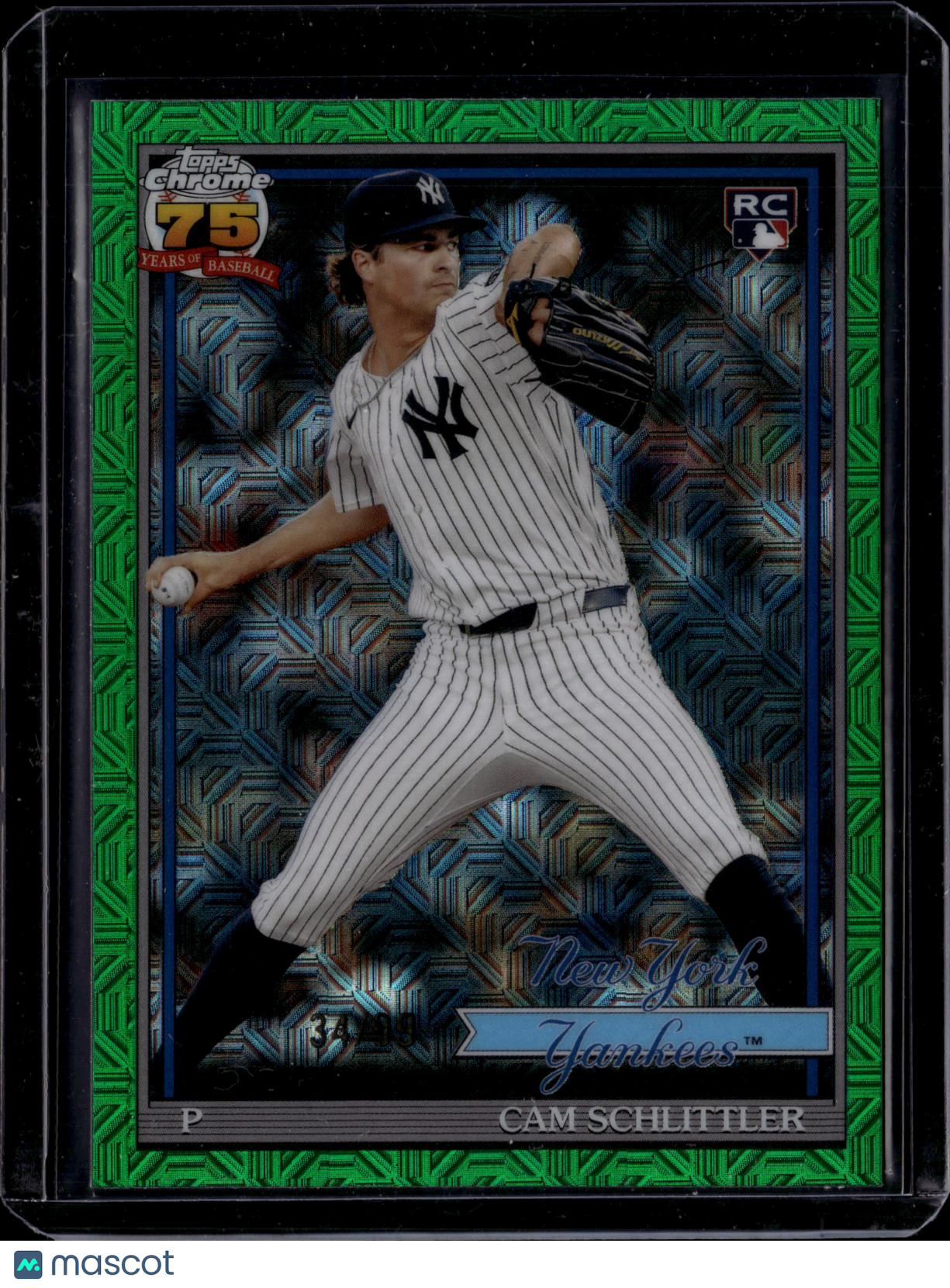 2024 Topps Chrome 75 Years of Baseball Cam Schlittler /99 Green Silver Pack RC