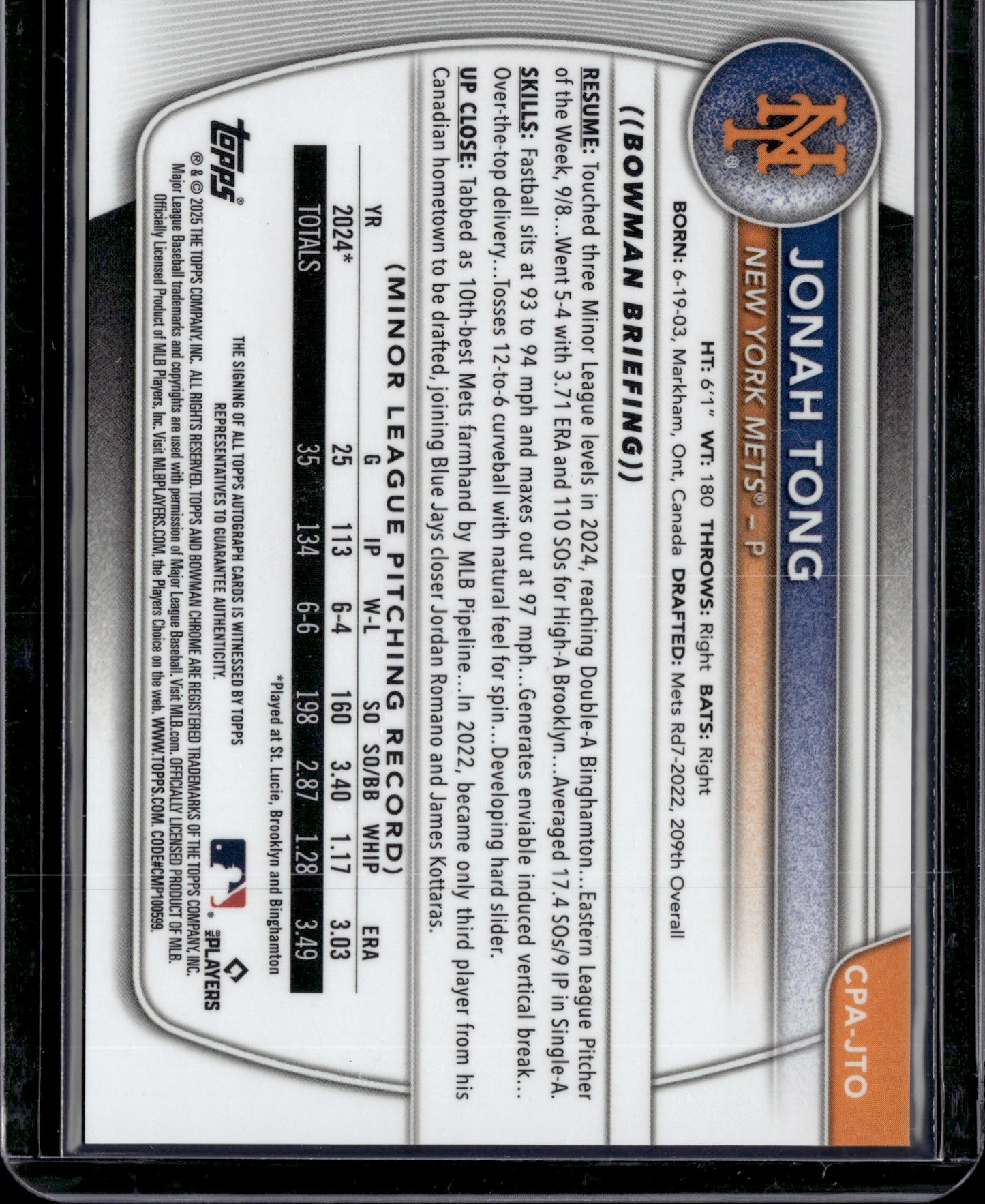 2025 Bowman Chrome Jonah Tong #CPA-JTO 1st Bowman