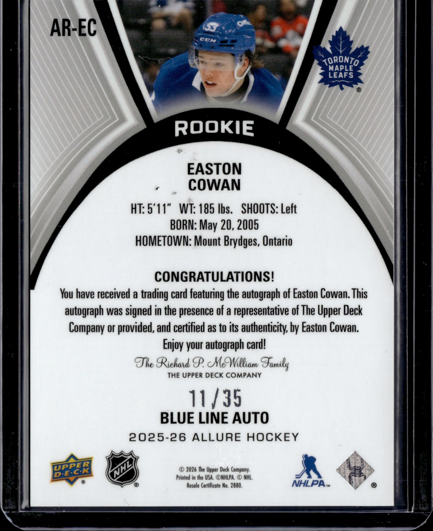 2026 Upper Deck Allure Easton Cowan #AR-EC Blue Line Auto 11/35