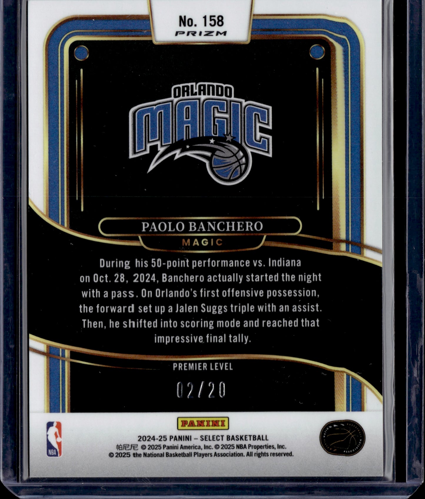 2025 Panini Select Basketball Paolo Banchero #158 Blue Prizm Premier Level 02/20