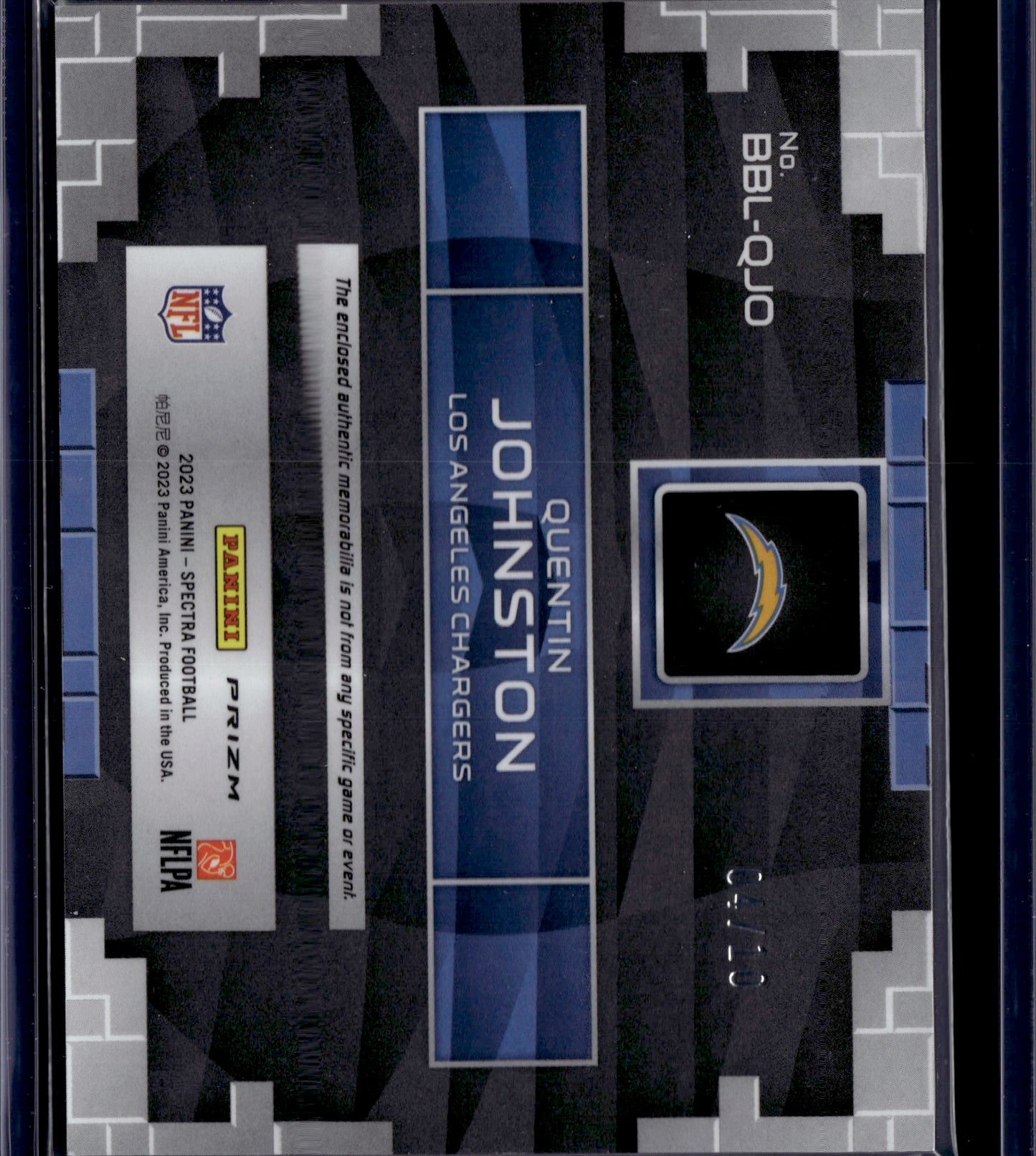2023 Panini Spectra Prizm Building Blocks Quentin Johnston Quad Patch /10 RC