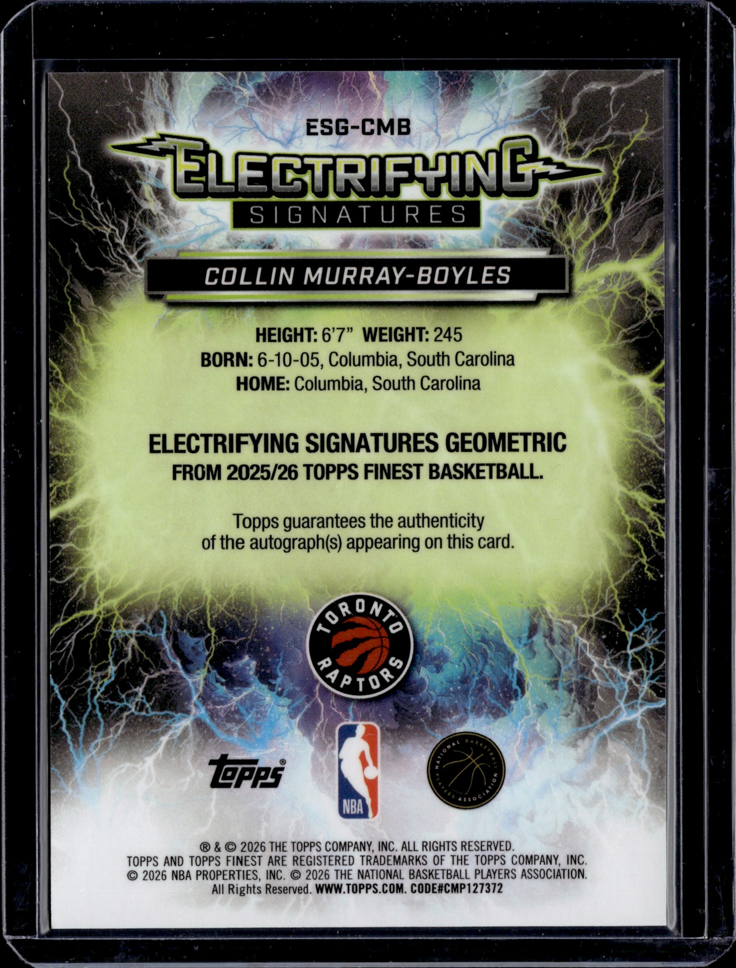 2026 Topps Finest Electrifying Signatures Collin Murray-Boyles Green Auto /75 RC