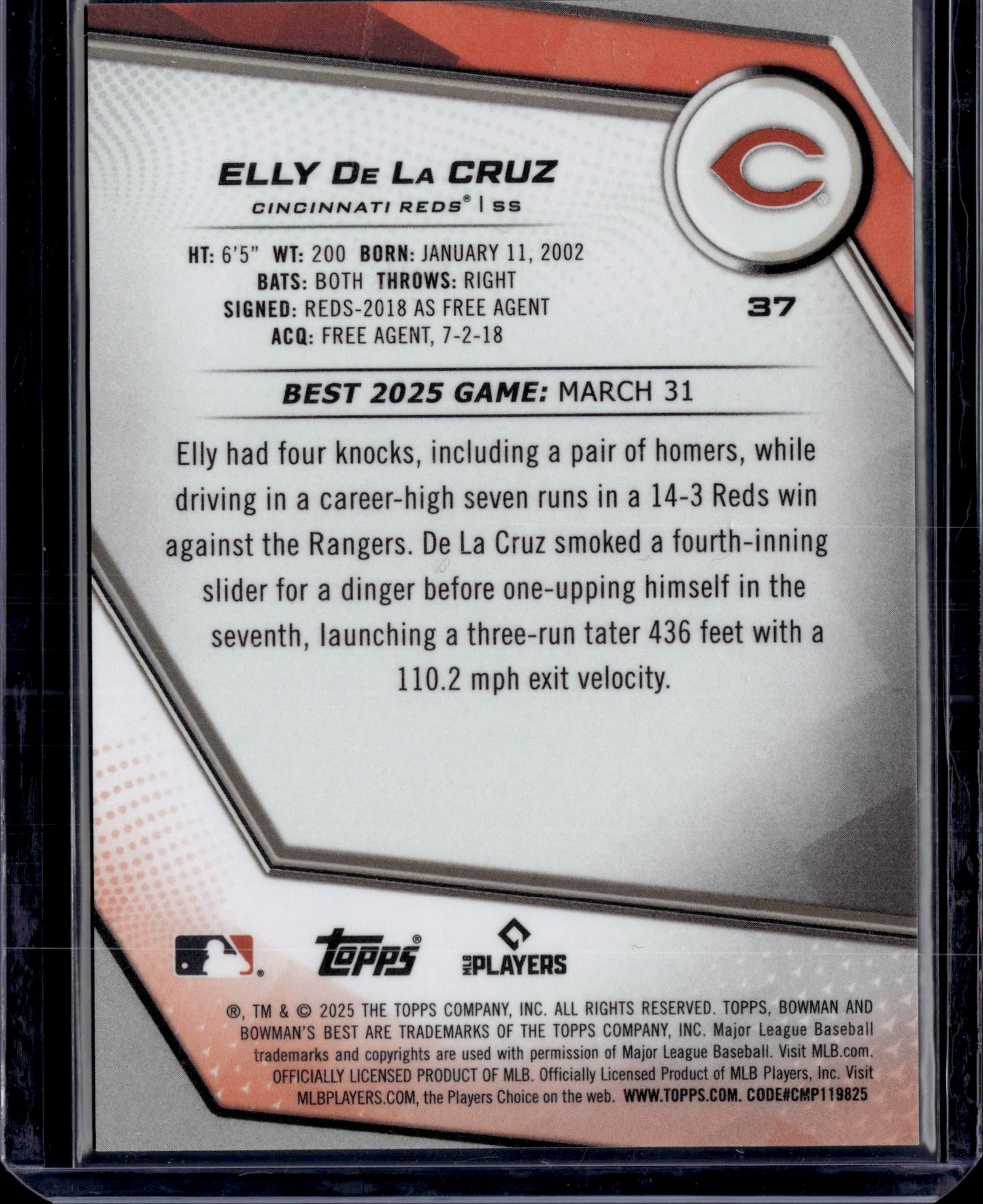 2025 Topps Bowman's Best Elly De La Cruz #37 Orange /25