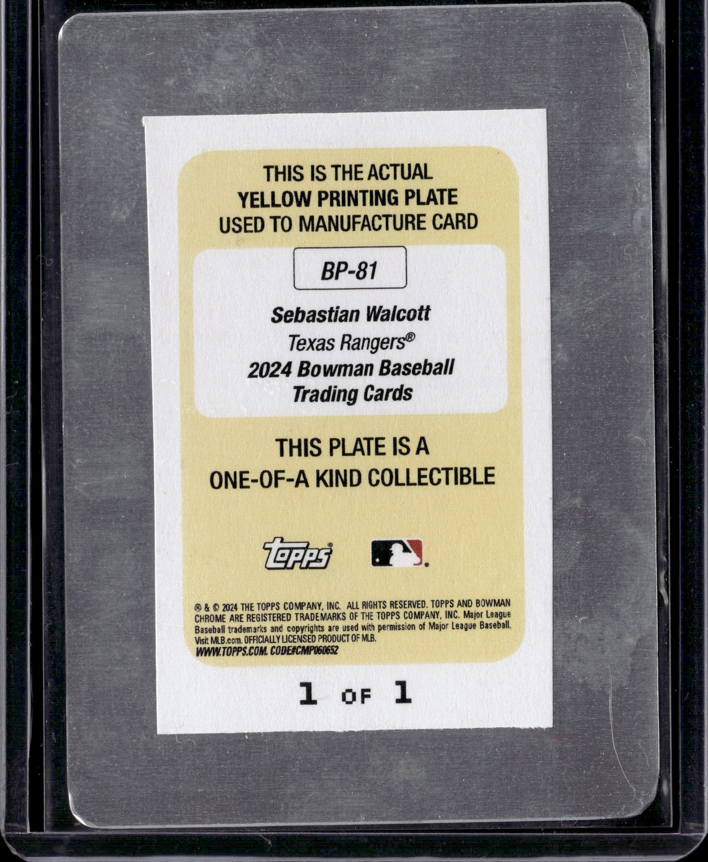 2024 Bowman Baseball Sebastian Walcott #BP-81 Yellow Printing Plate 1/1