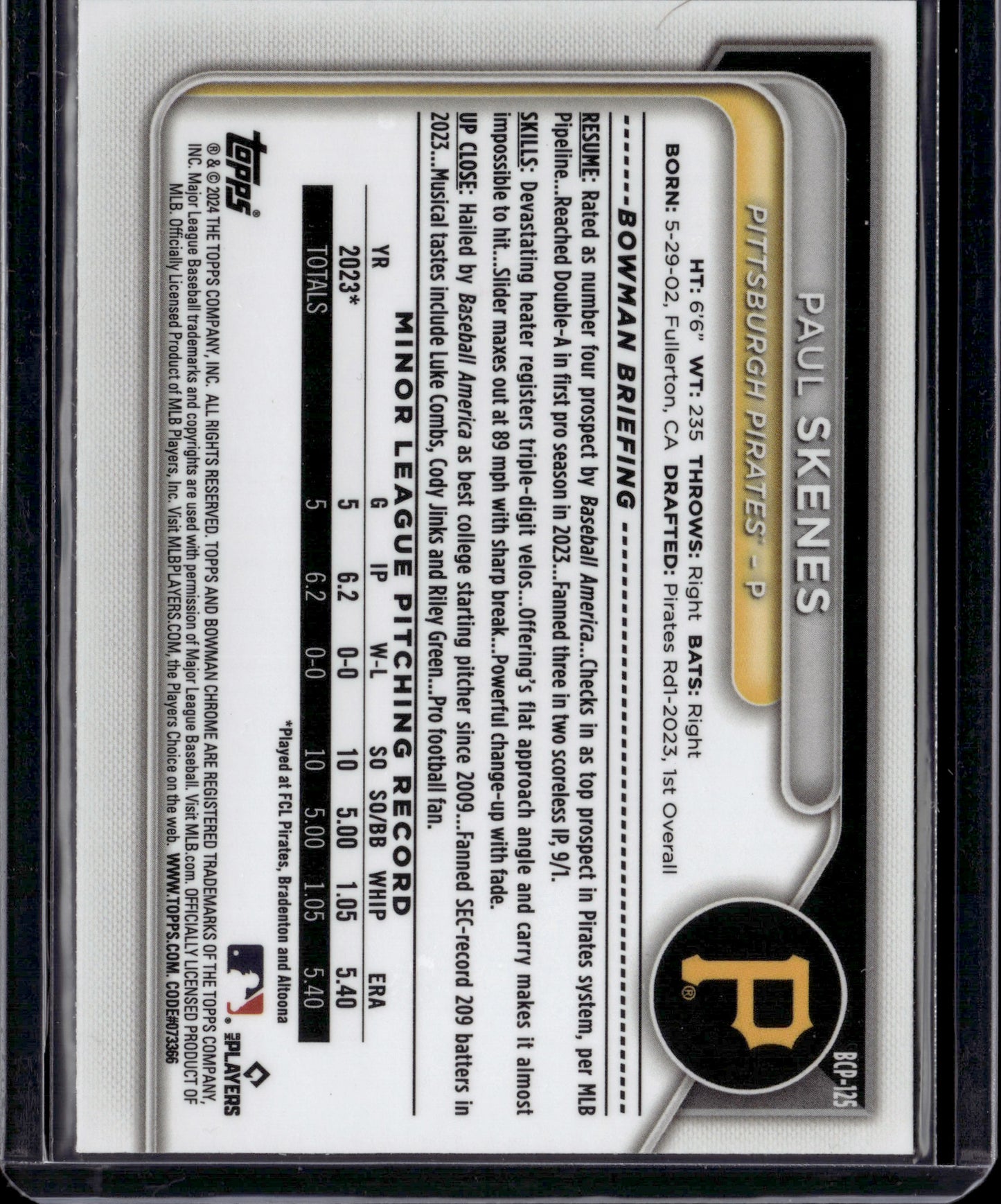 2024 Bowman Chrome Paul Skenes #BCP-125 Blue Mojo Refractor /150