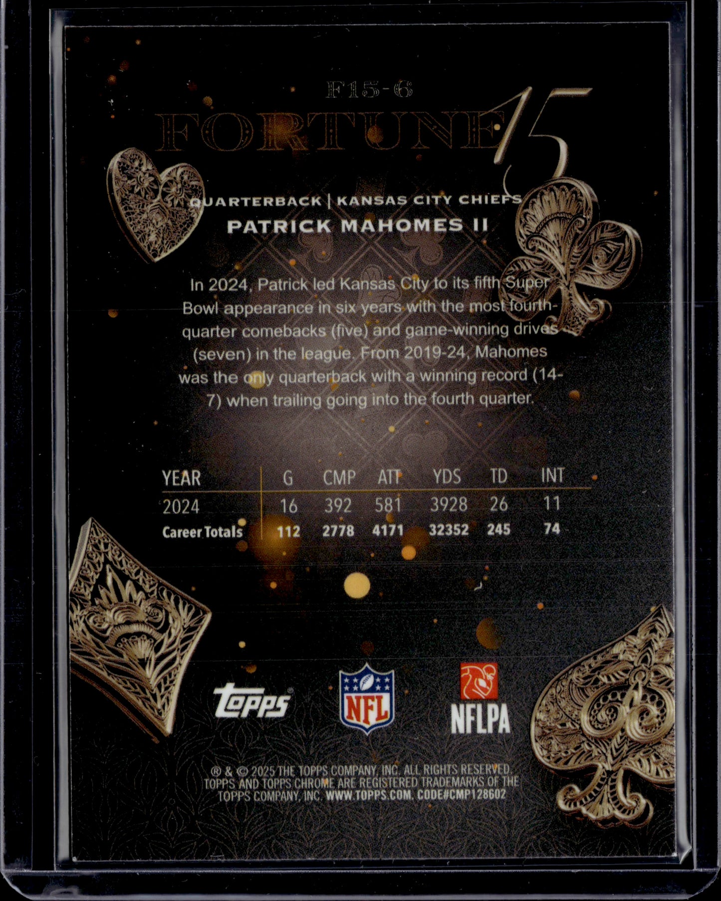 2025 Topps Chrome Fortune 15 Patrick Mahomes II #F15-6 Green 20/99