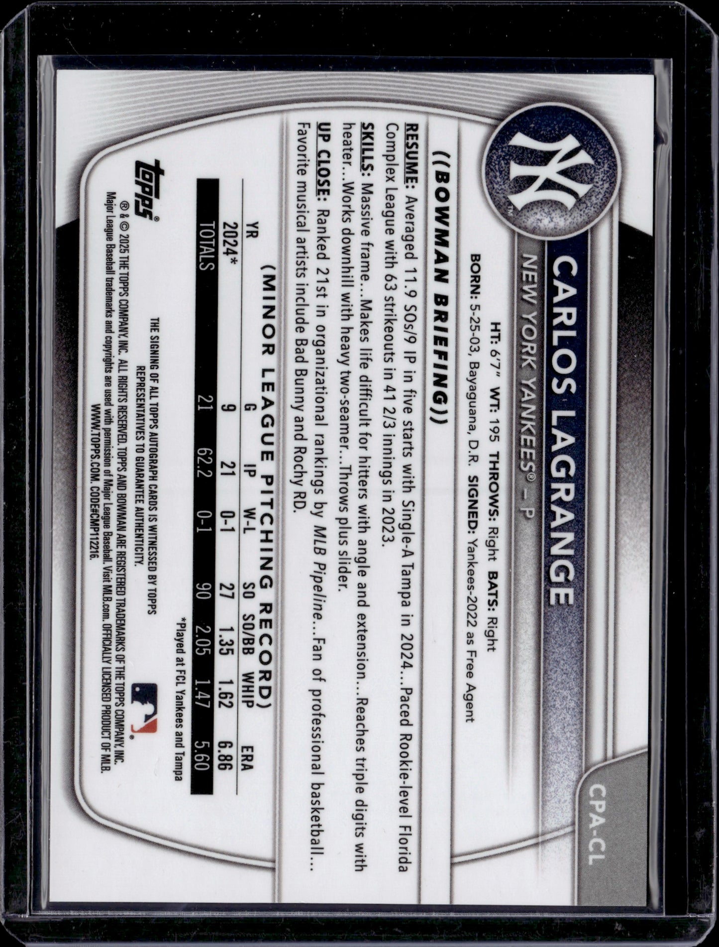 2025 Topps Bowman Chrome Carlos Lagrange #CPA-CL 1st Bowman Auto