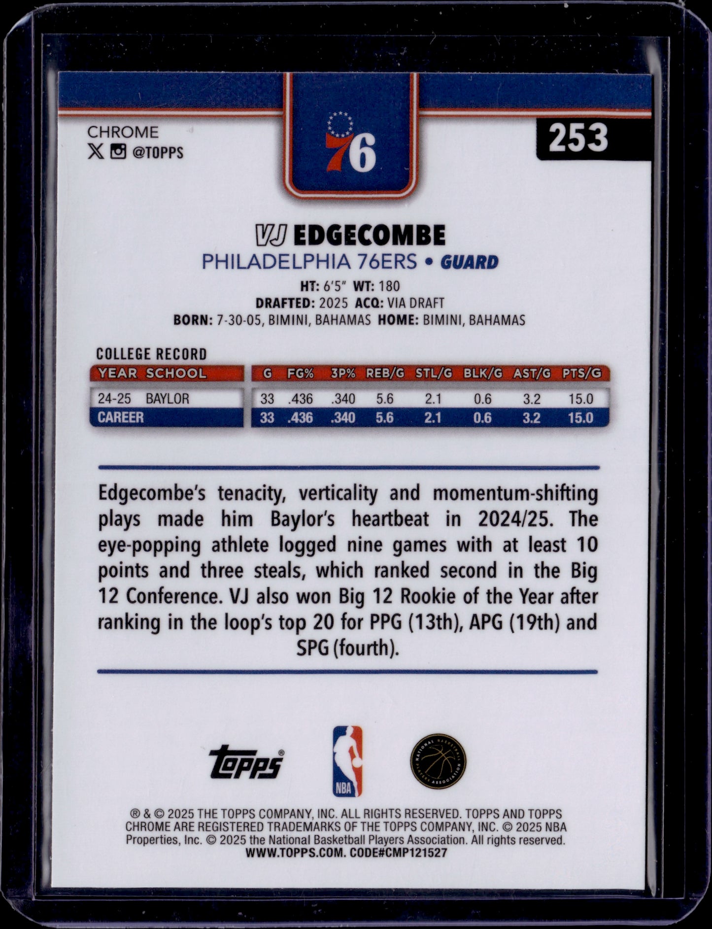 2025 Topps Chrome VJ Edgecombe #253 X-Fractor RC