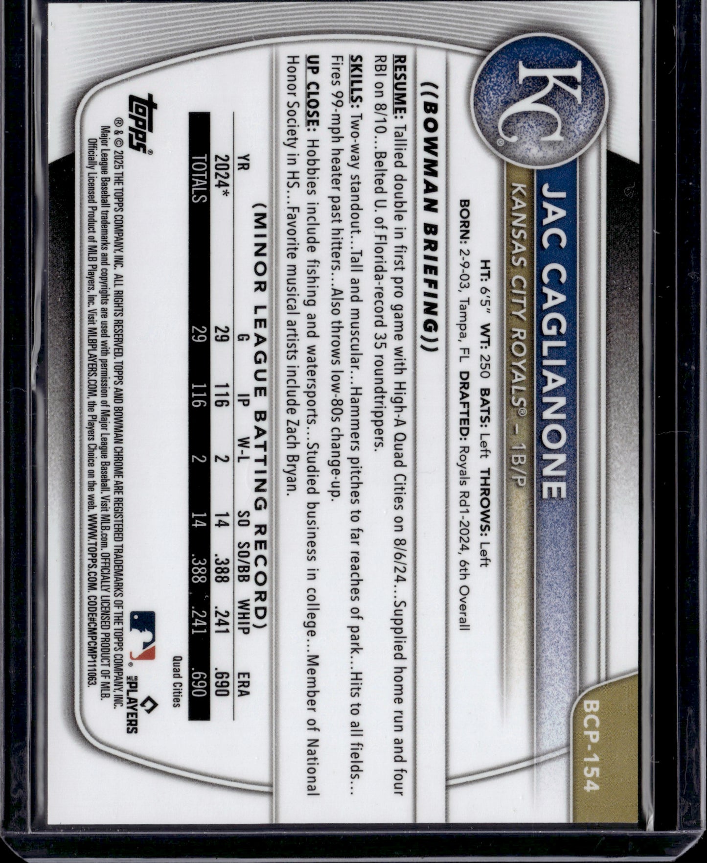 2025 Topps Bowman Chrome Jac Caglianone #BCP-154 Mojo Variation SP