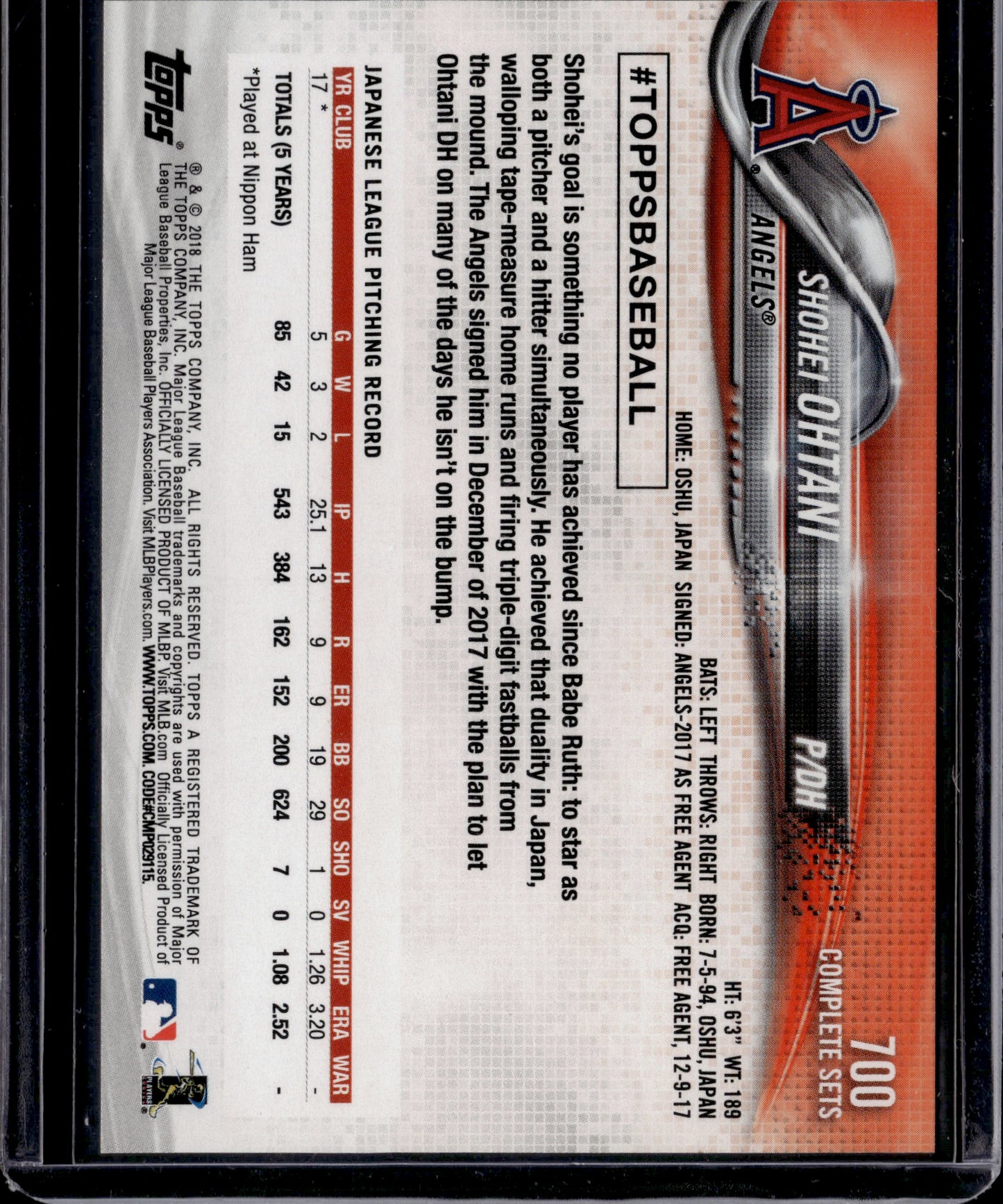 2018 Topps Baseball Complete Sets Shohei Ohtani #700 RC