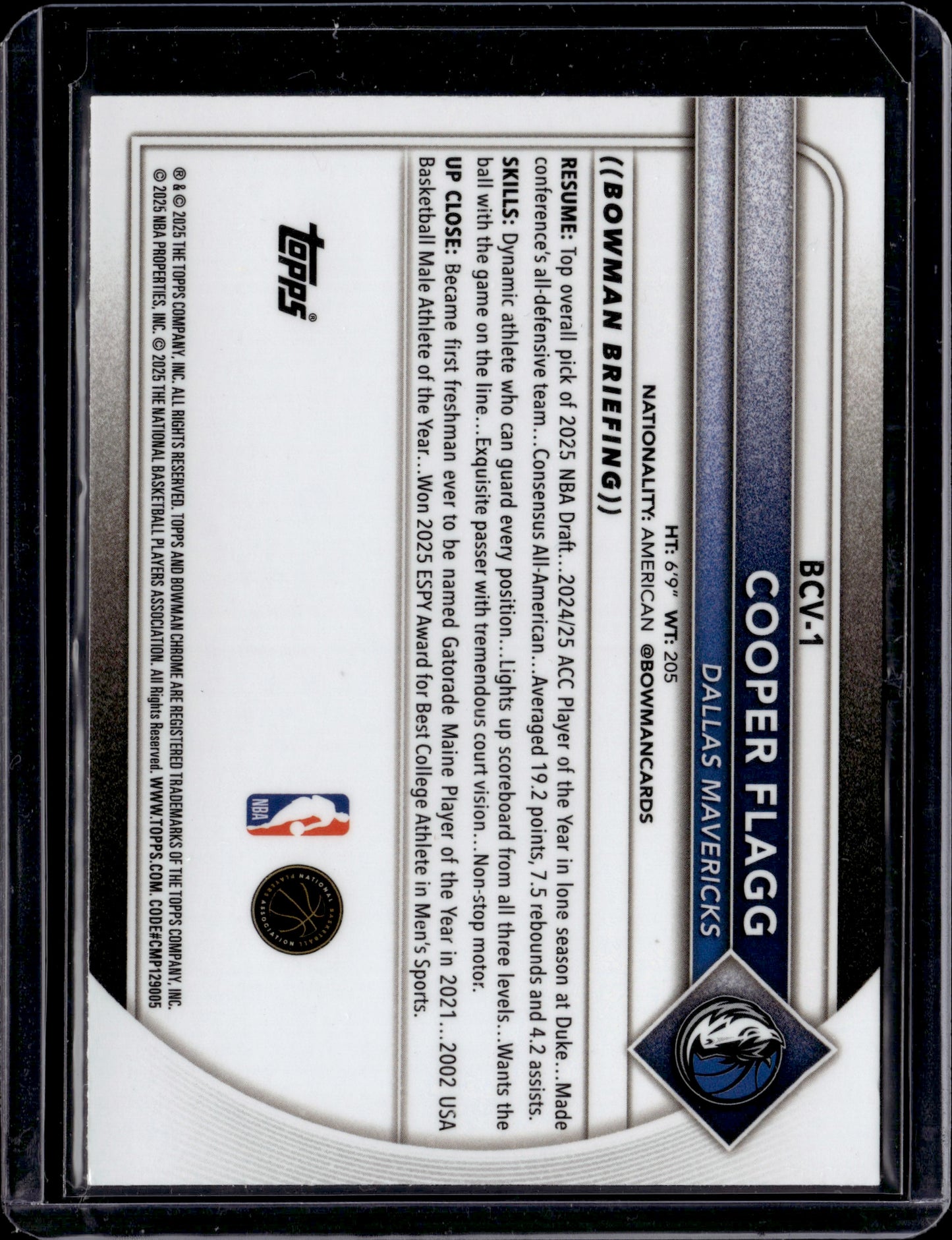2025 Topps Bowman Chrome Cooper Flagg #BCV-1 Speckle Refractor RC /299