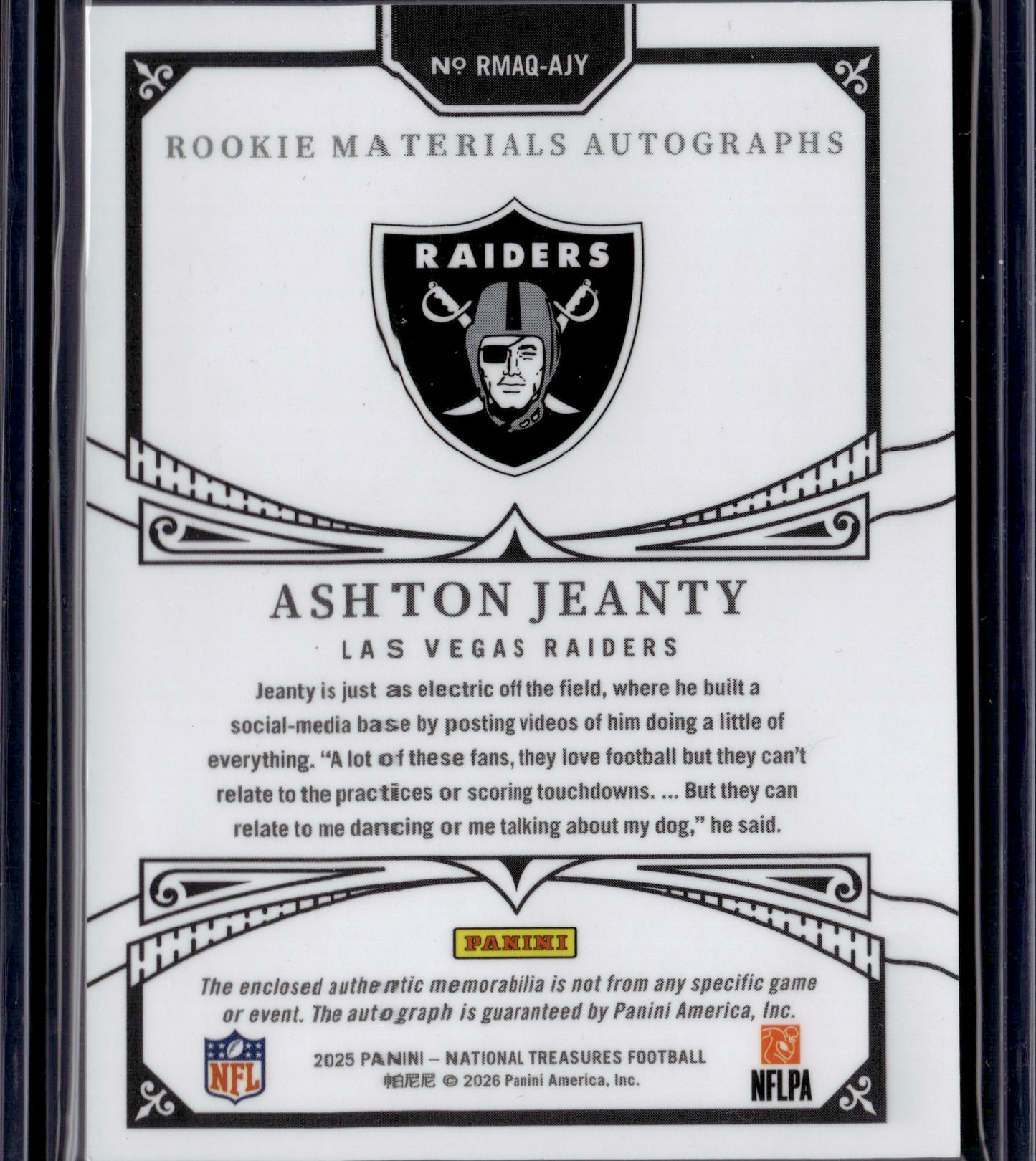 2026 Panini National Treasures Ashton Jeanty #RMAQ-AJY Quad Patch Auto RC /99