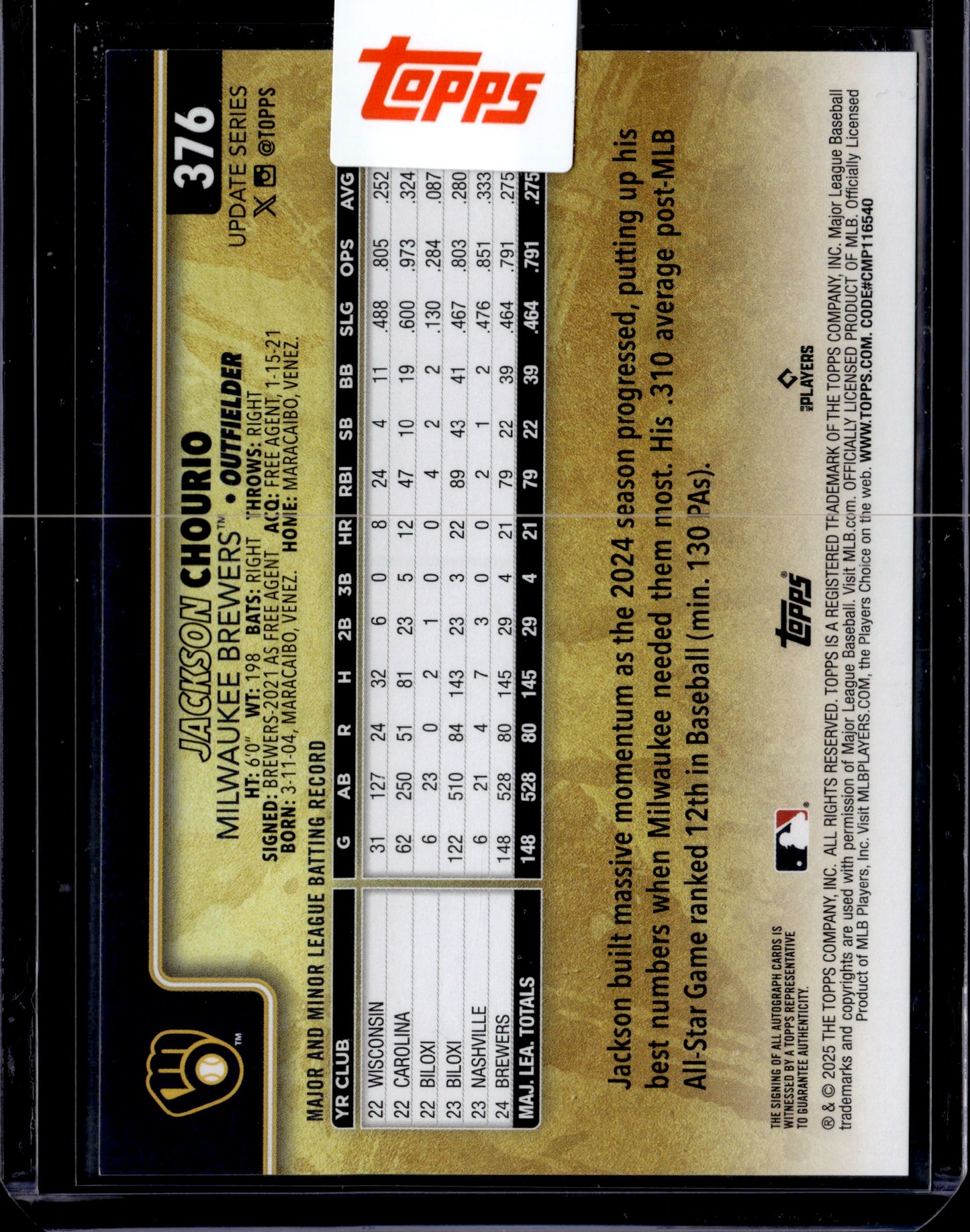2025 Topps Update Series Jackson Chourio #376 Topps Certified Autograph Issue