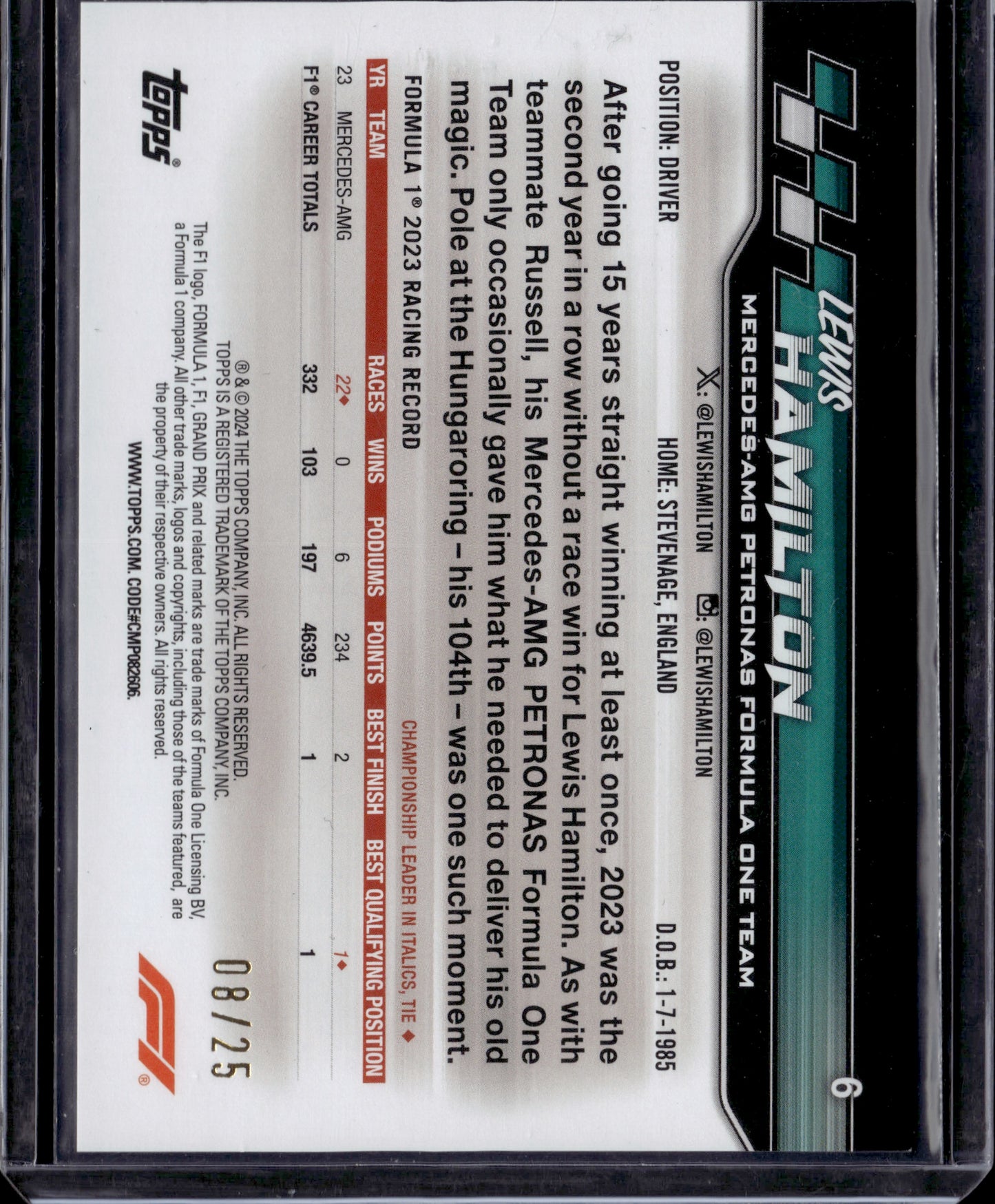 2024 Topps Formula 1 Paddock Pass Lewis Hamilton #6 Rainbow Foil /25