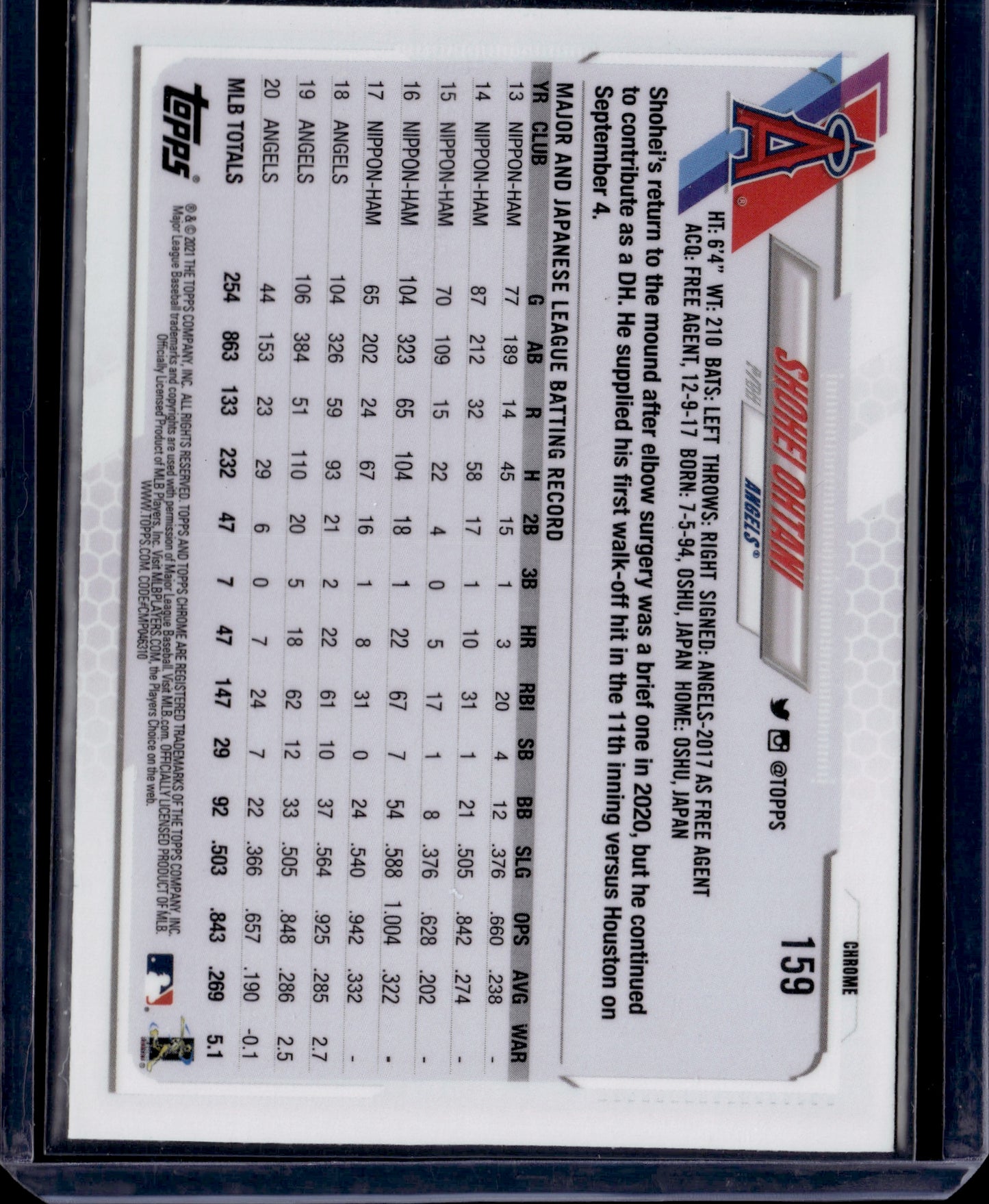 2021 Topps Chrome Shohei Ohtani #159 X-Fractor