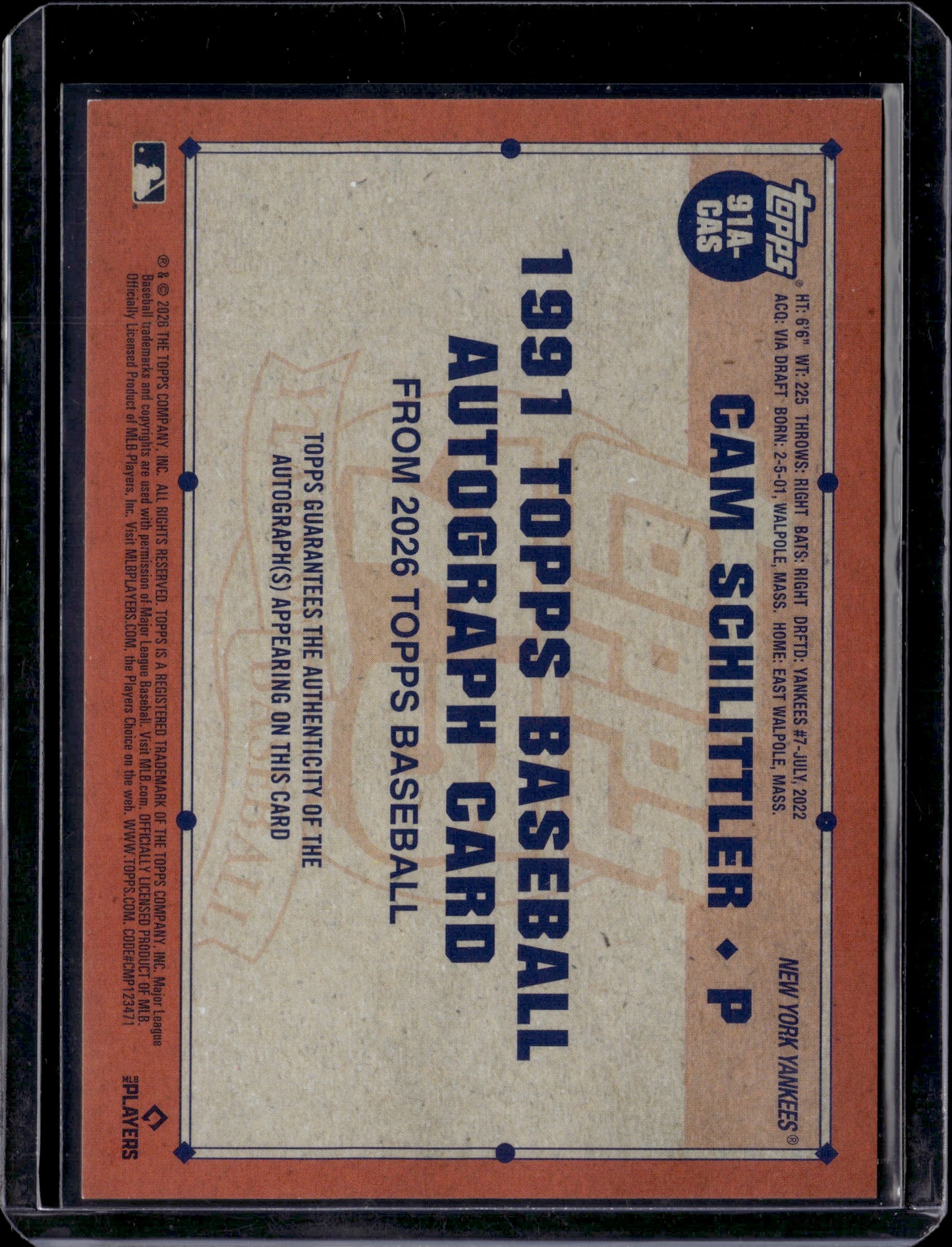 2026 Topps 1991 Topps Baseball Autograph Card Cam Schlittler #91A-CAS RC