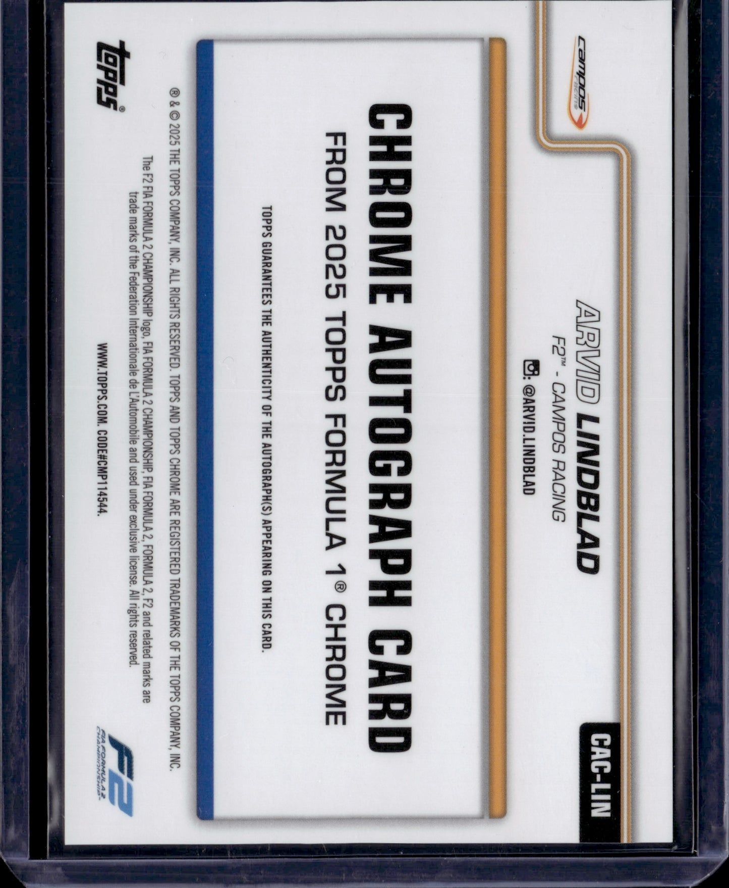 2025 Topps Chrome Formula 1 Arvid Lindblad #CAC-LIN Autograph