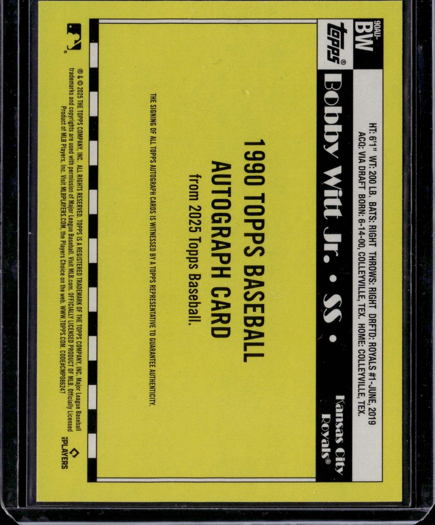 2025 Topps 1990 Topps Baseball Autograph Card Bobby Witt Jr. #90AU-BW