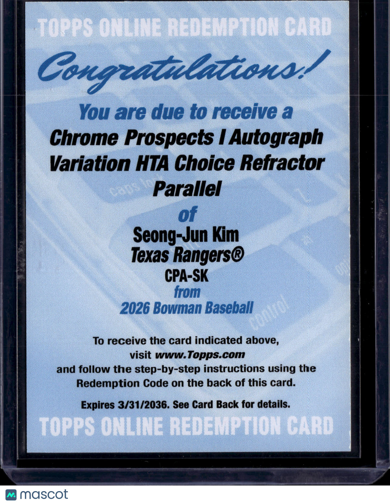2026 Bowman Chrome Prospects Seong-Jun Kim HTA Choice Refractor Redemption