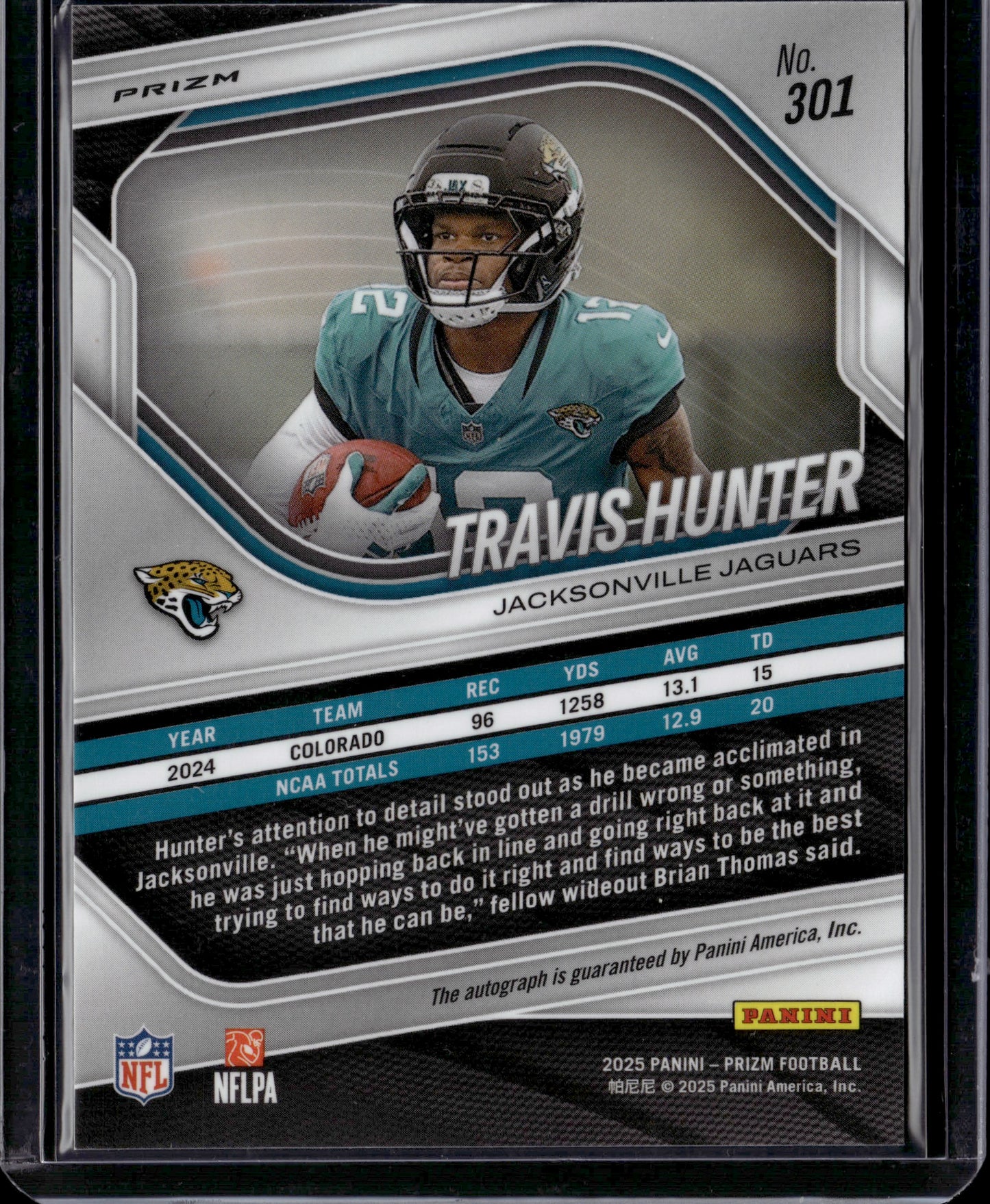 2025 Panini Prizm Football Travis Hunter #301 White Sparkle Auto RC
