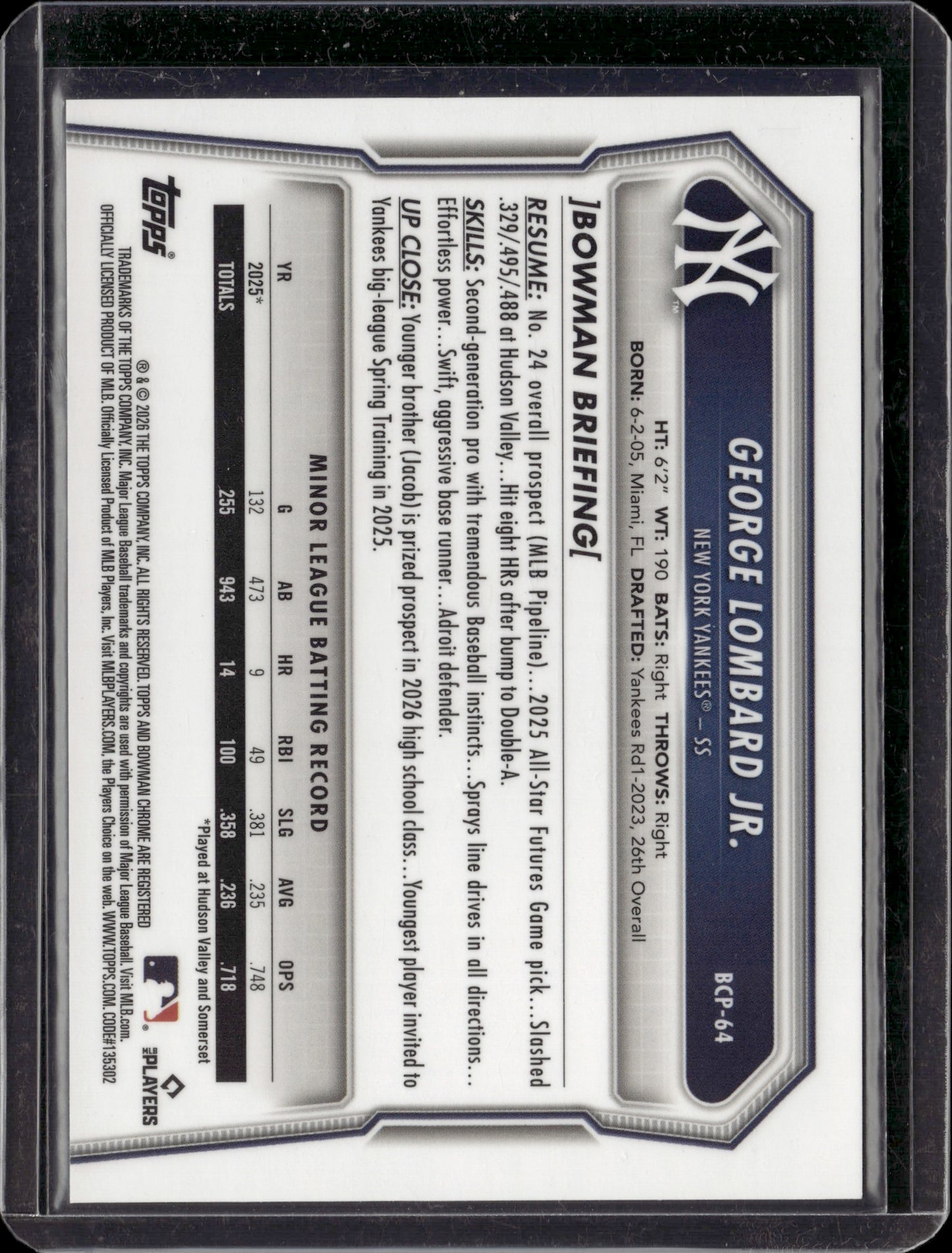 2026 Bowman Chrome George Lombard Jr. #BCP-64 Black /10