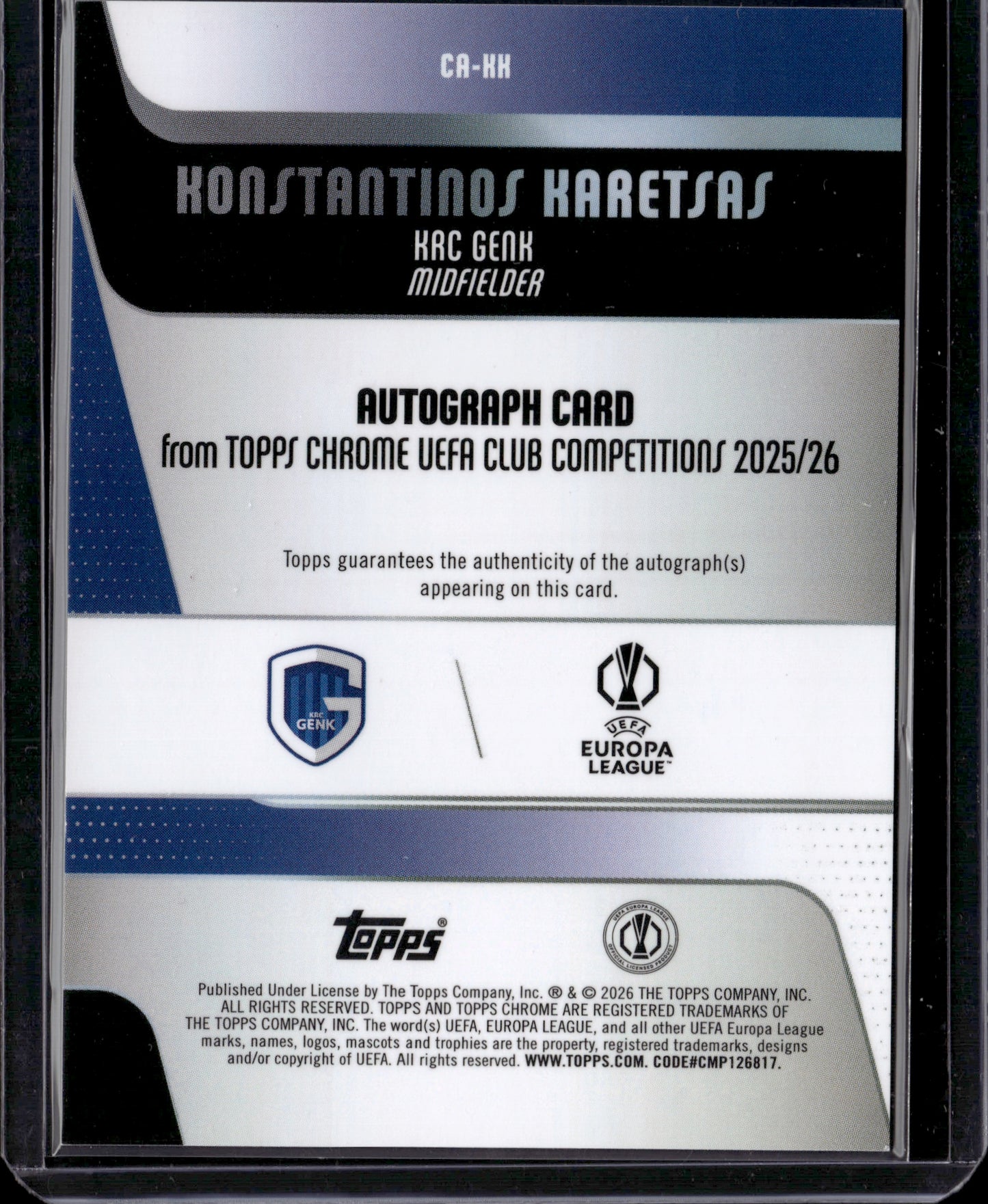 2026 Topps Chrome UEFA Club Competitions Konstantinos Karetsas Auto /99 RC