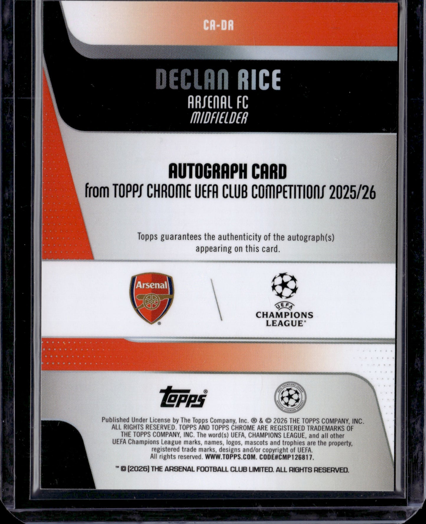 2026 Topps Chrome UEFA Club Competitions Declan Rice #CA-DR Green Auto /99