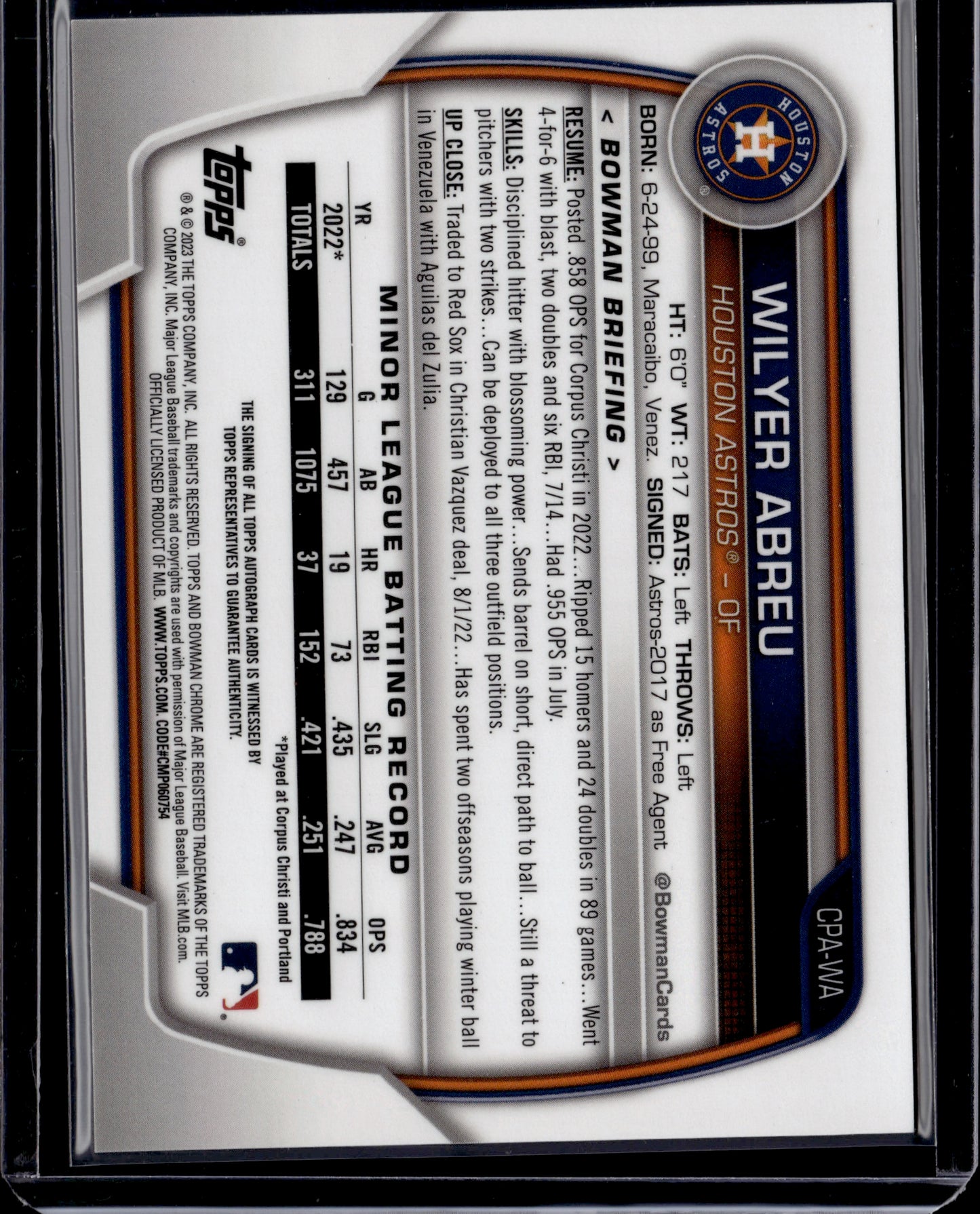 2023 Topps Bowman Chrome Wilyer Abreu Auto SP #CPA-WA