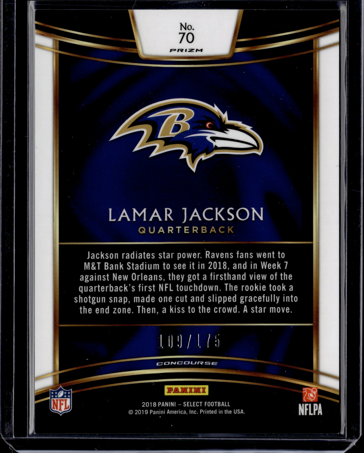 2019 Panini Select Prizm Concourse Lamar Jackson #70 Blue RC /175