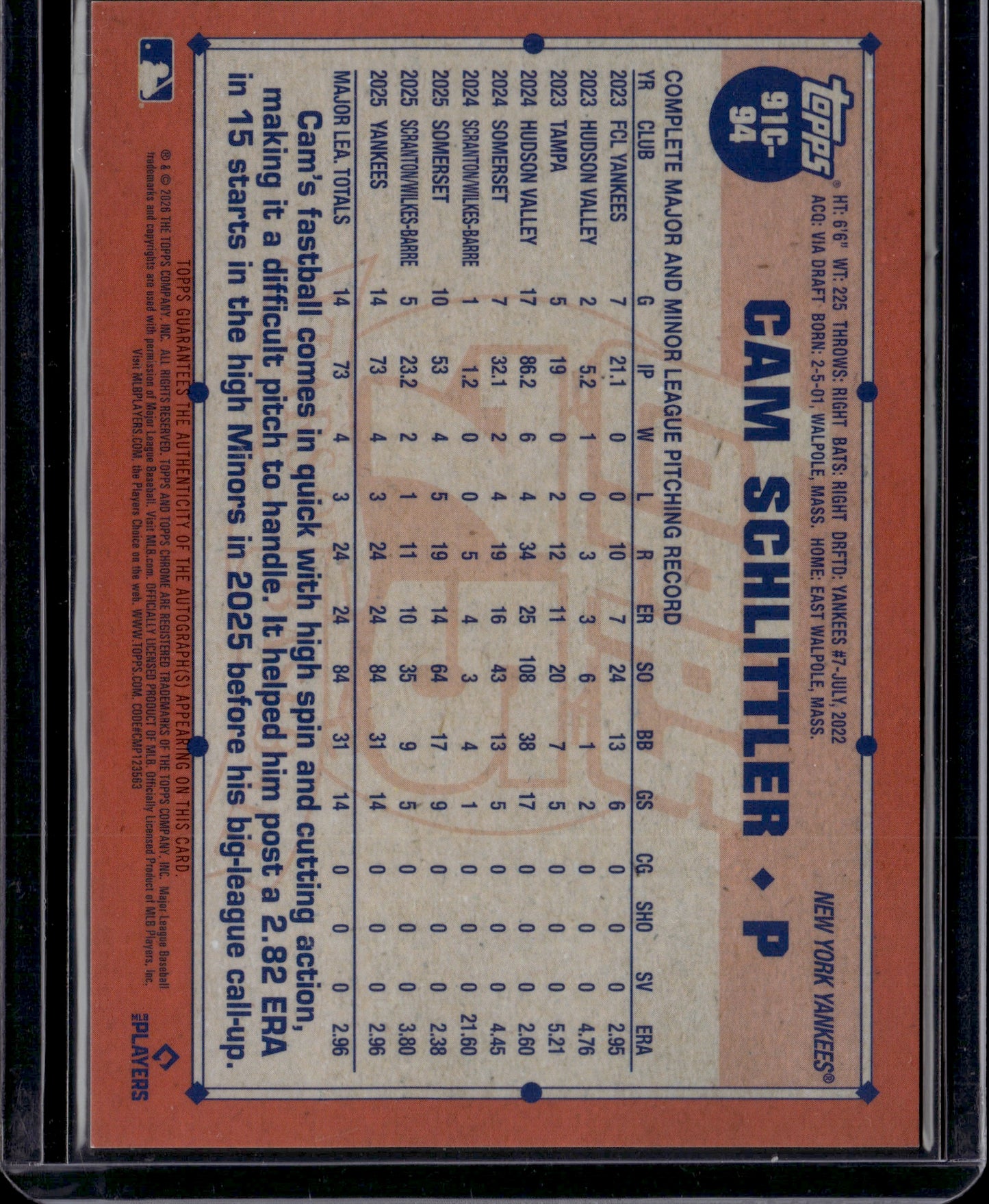 2025 Topps Chrome 75th Anniversary Cam Schlittler #91C-94 Mojo Auto /299
