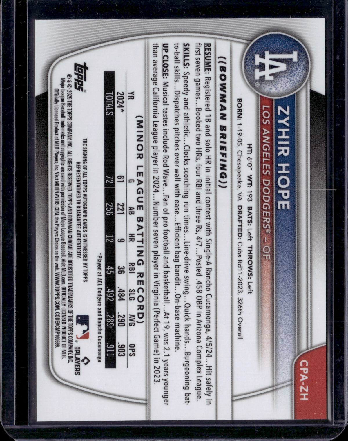 2024 Bowman Chrome Zyhir Hope Auto #CPA-ZH