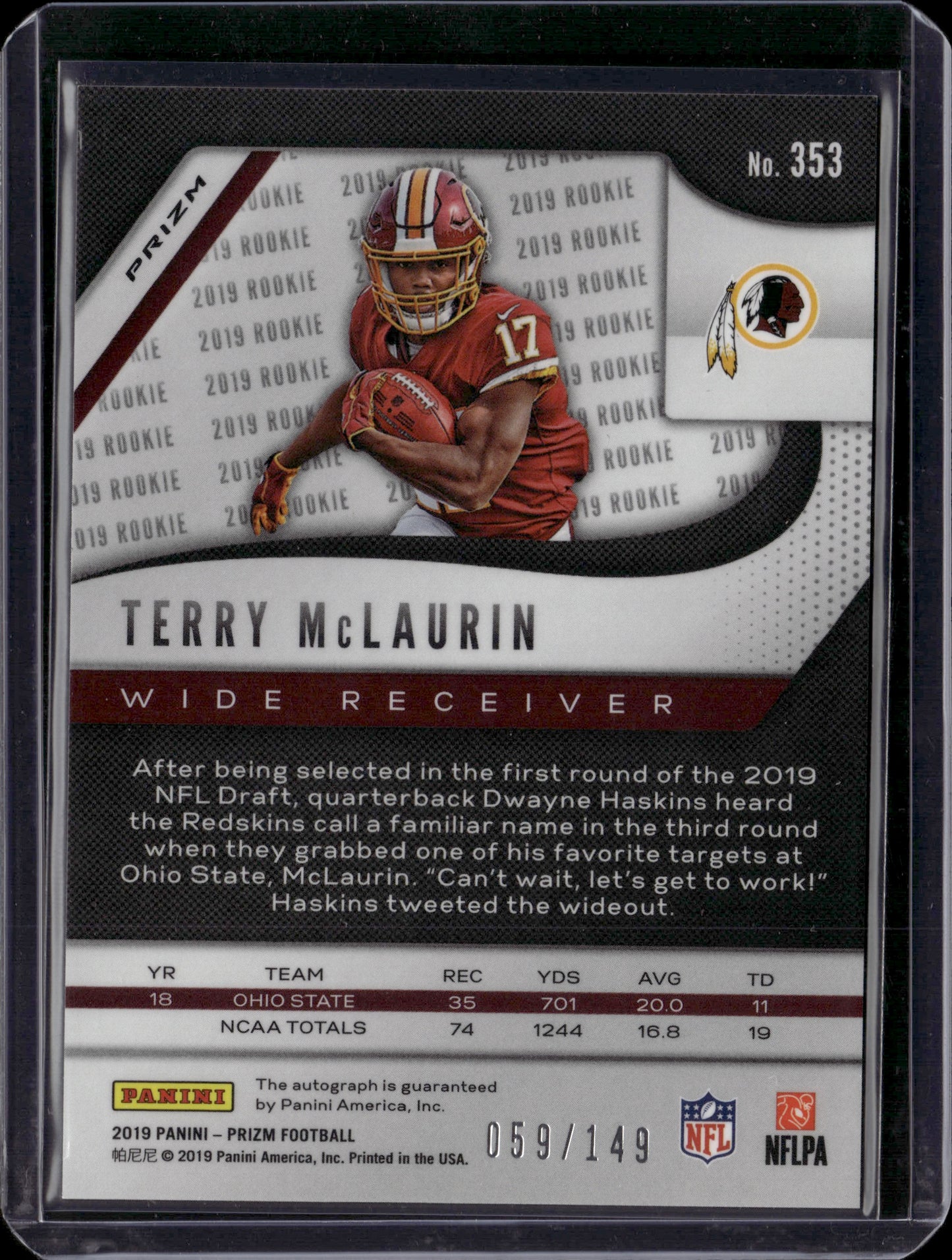 2019 Panini Prizm Terry McLaurin #353 Red Wave Auto /149 RC
