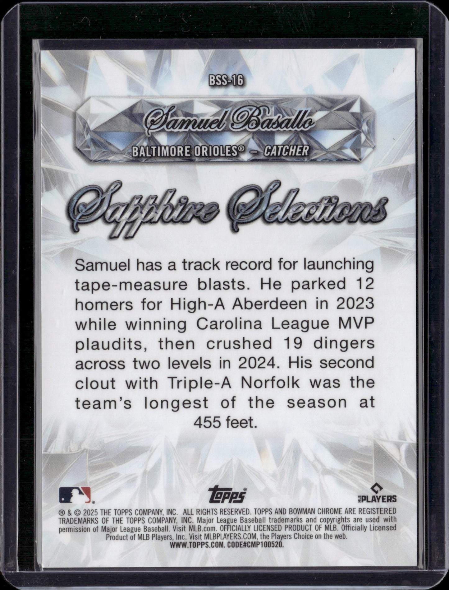 2025 Bowman Chrome Sapphire Selections Samuel Basallo #BSS-16 Orange 14/25