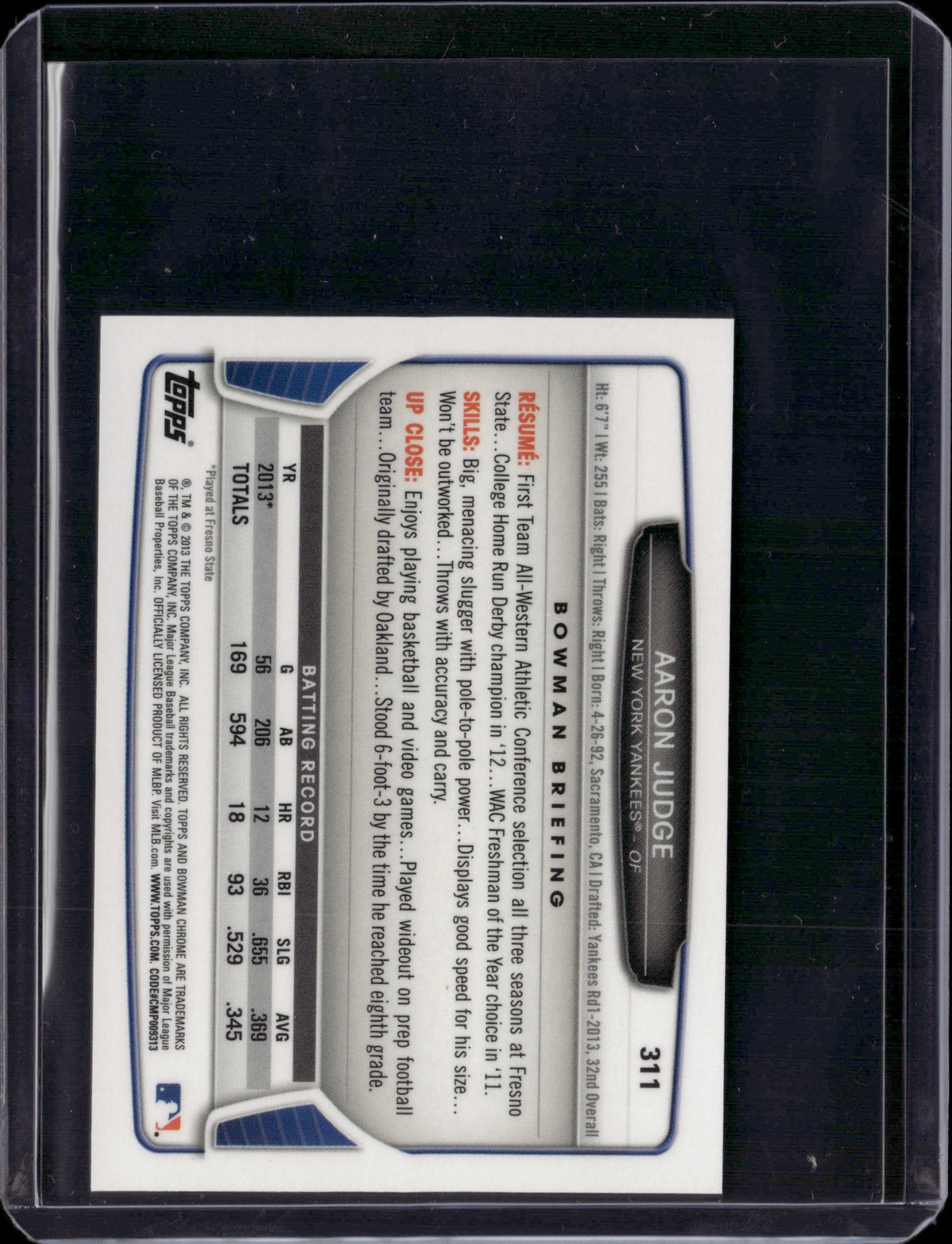 2013 Bowman Chrome Aaron Judge Mini SP #311